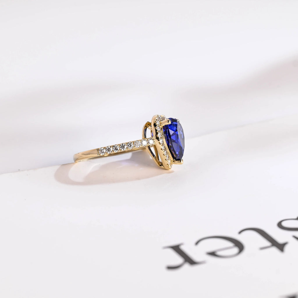 Solid Gold Heart Cut Moissanite Sapphire Engagement Ring with Halo