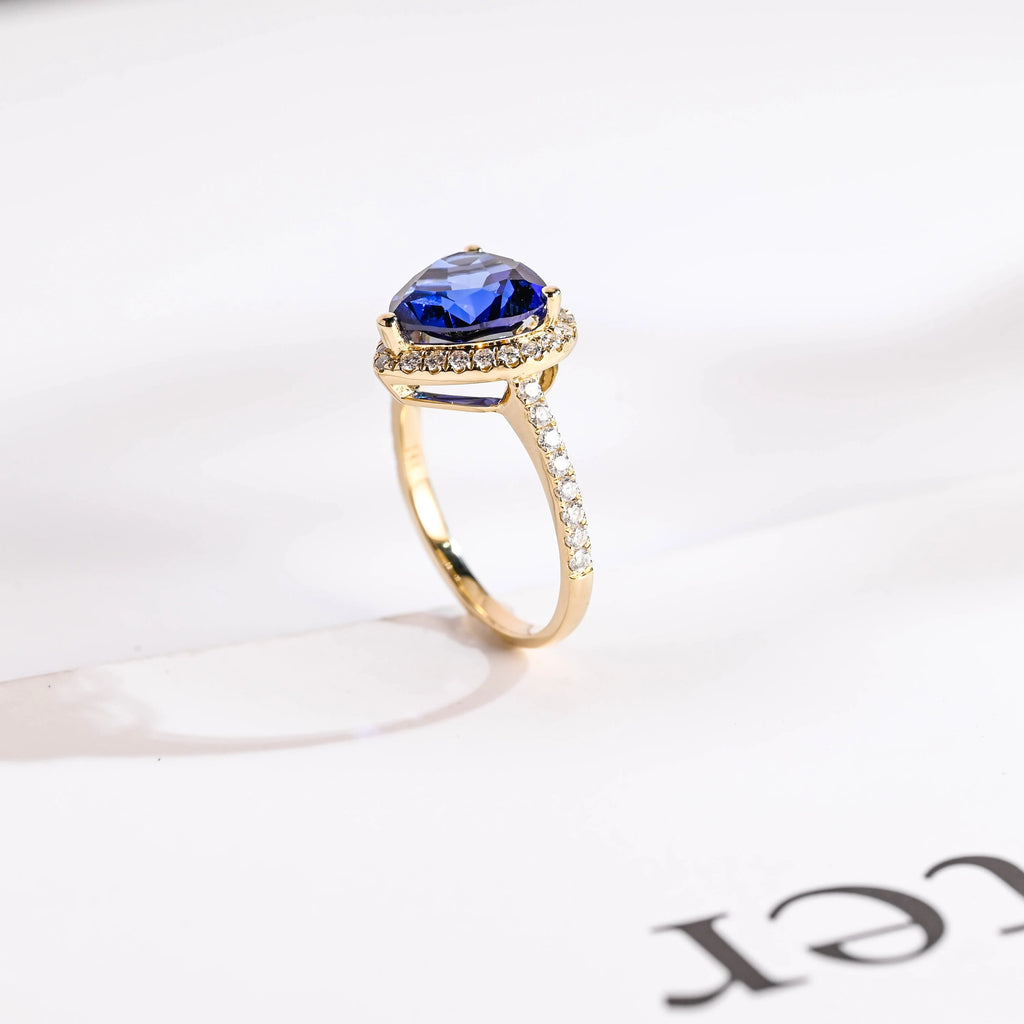 Solid Gold Heart Cut Moissanite Sapphire Engagement Ring with Halo