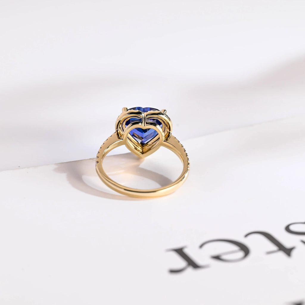 Solid Gold Heart Cut Moissanite Sapphire Engagement Ring with Halo