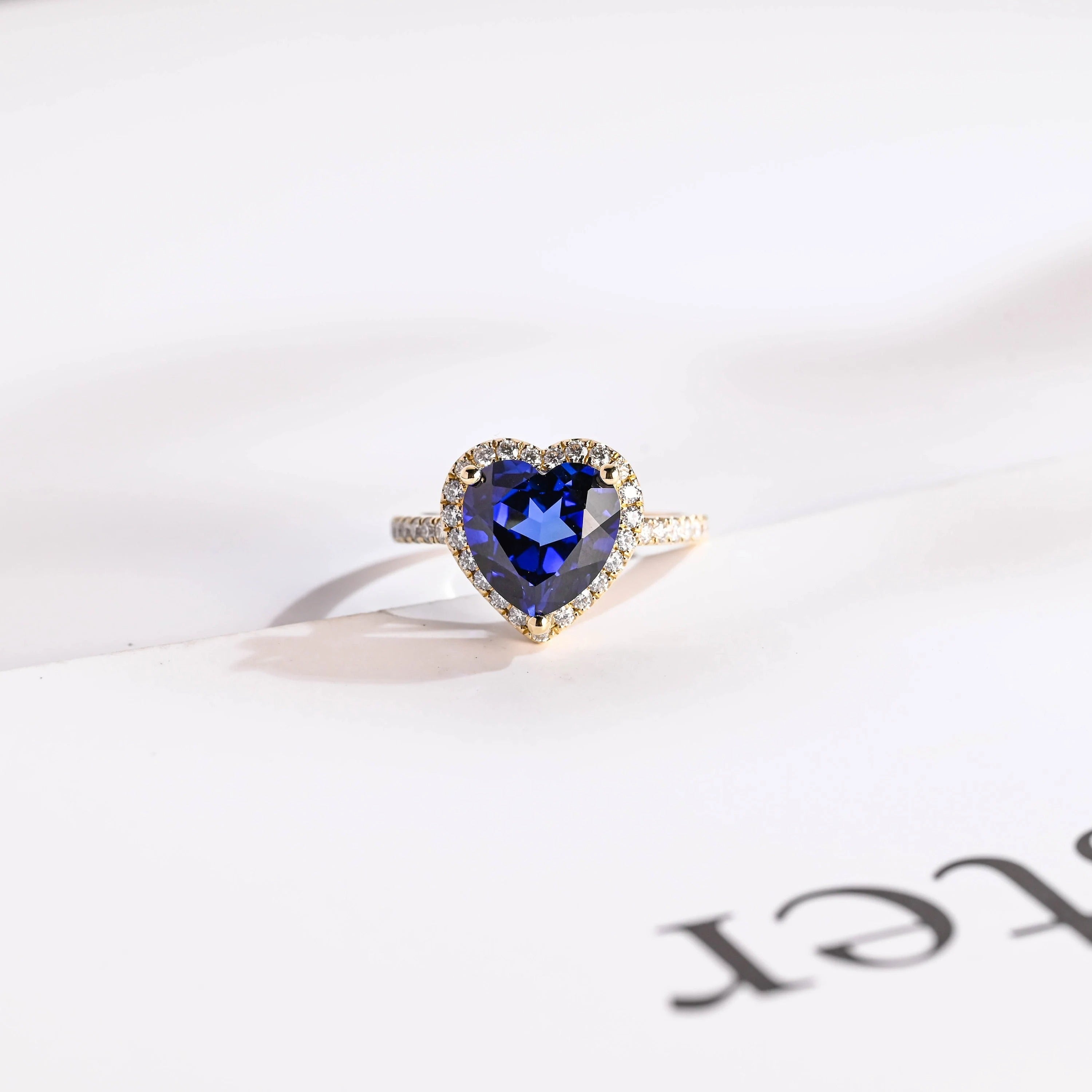 Solid Gold Heart Cut Moissanite Sapphire Engagement Ring with Halo Main image