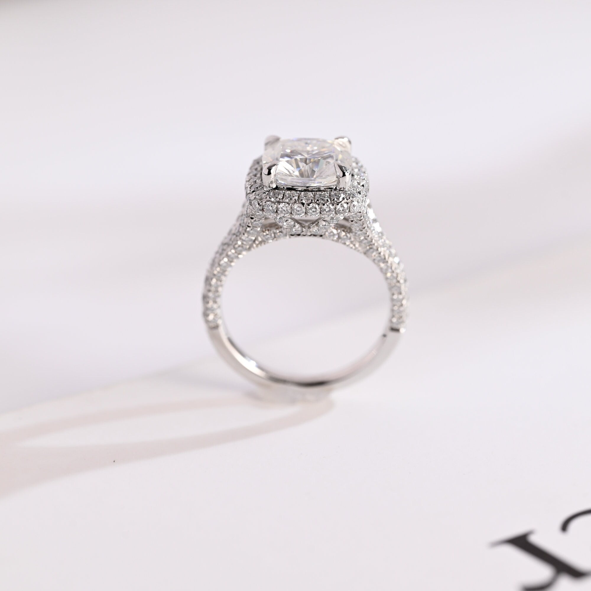 Solid Gold Cushion Cut Moissanite Engagement Ring, Proposal Ring
