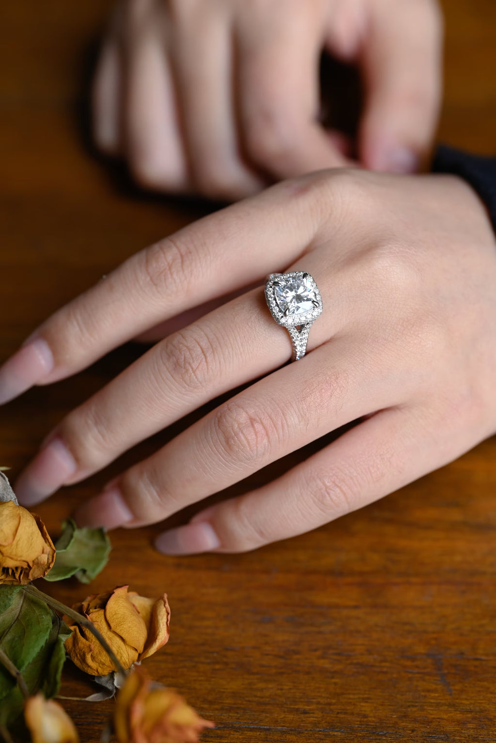 Solid Gold Cushion Cut Moissanite Engagement Ring, Proposal Ring