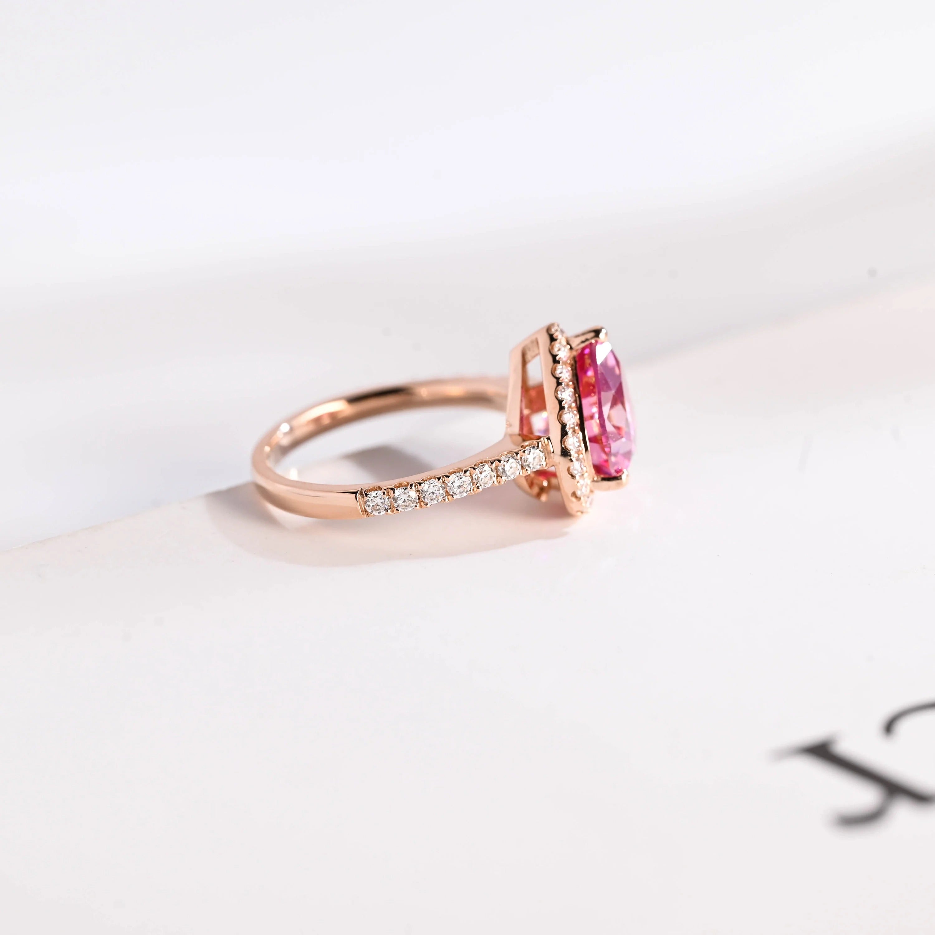 Solid Gold Heart Cut Pink Moissanite Sapphire Engagement Ring