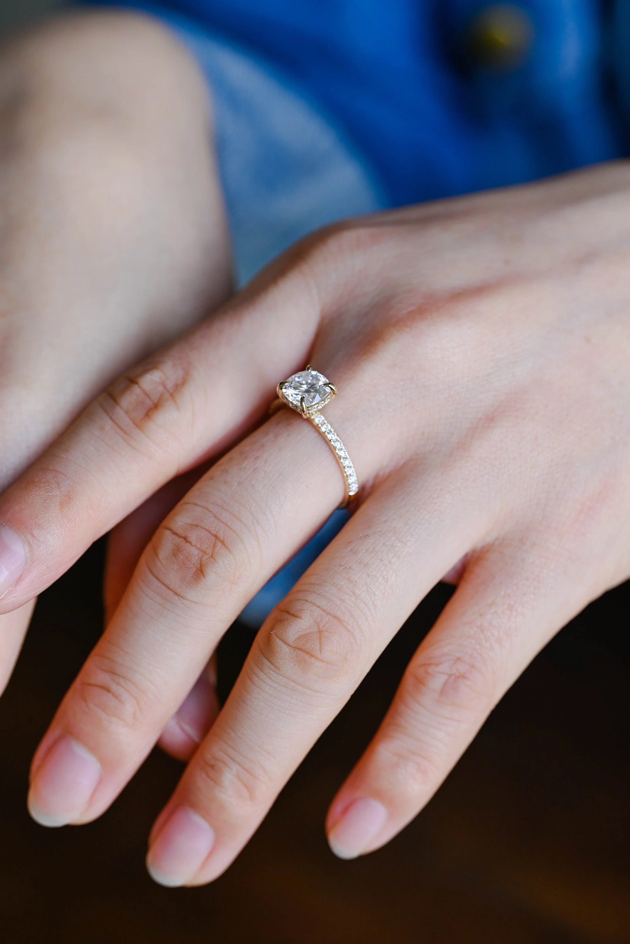 Solid Gold Cushion Cut Moissanite Engagement Ring, Anniversary Gift