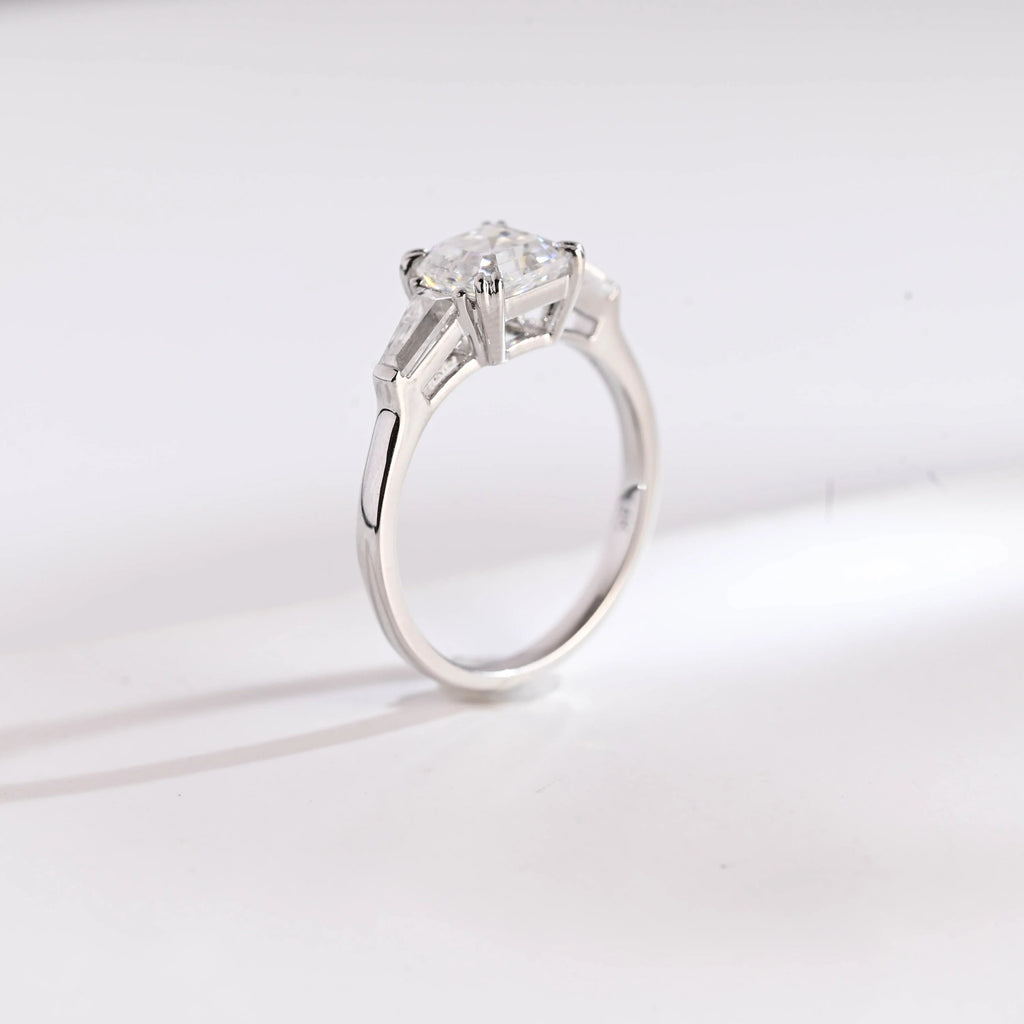 Solid Gold Asscher Cut Moissanite Engagement Ring, Three Stone Ring