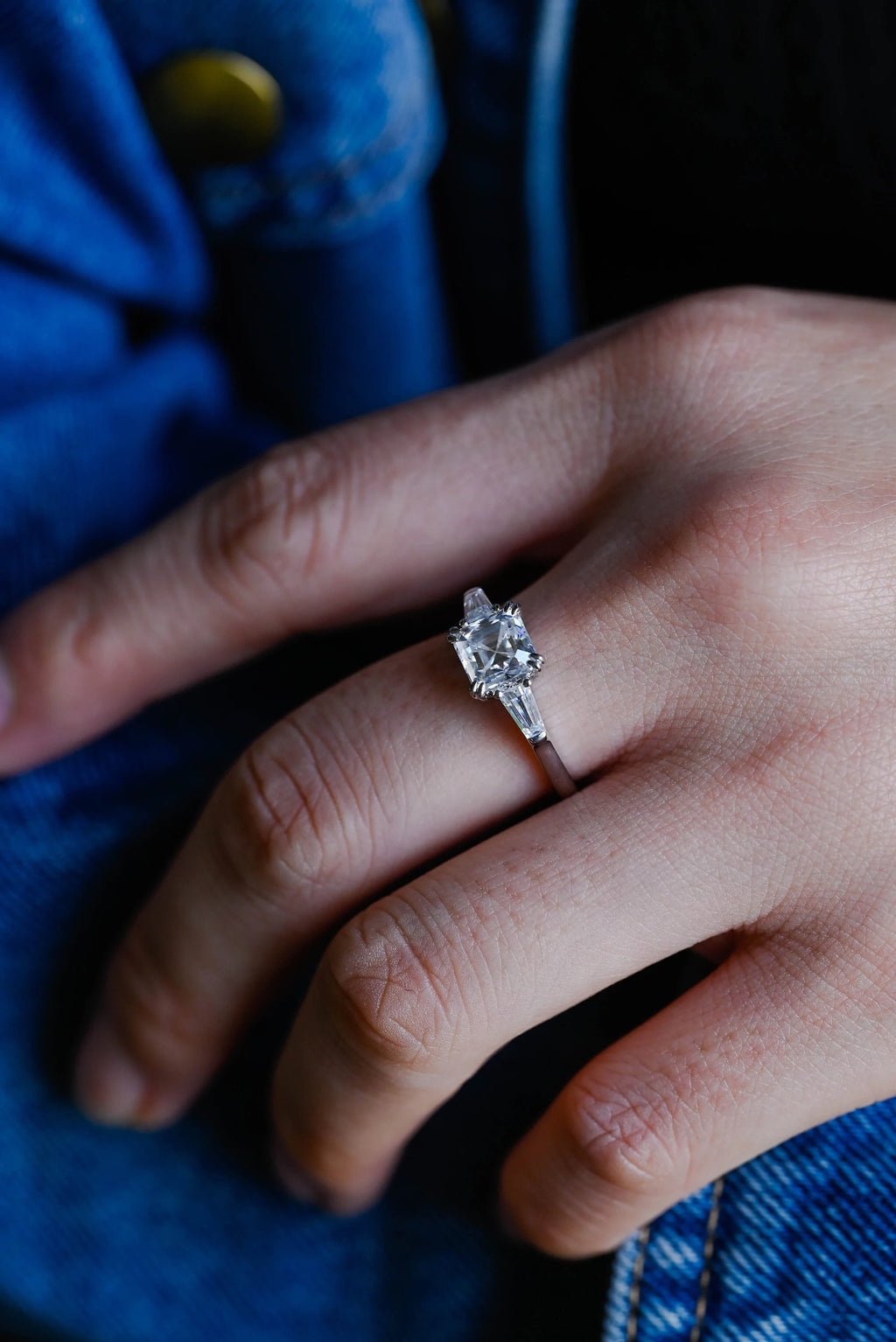 Solid Gold Asscher Cut Moissanite Engagement Ring, Three Stone Ring