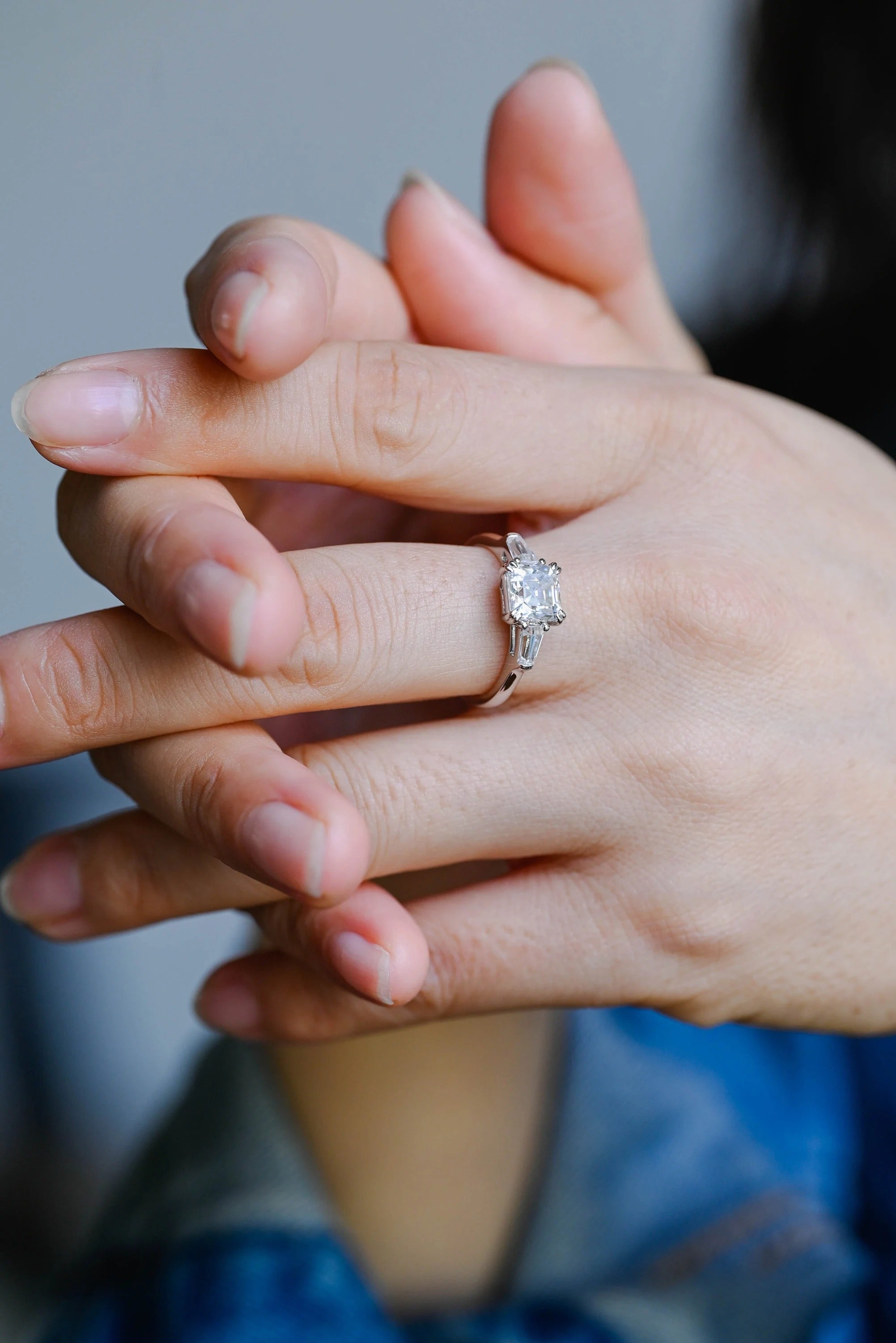 Solid Gold Asscher Cut Moissanite Engagement Ring, Three Stone Ring