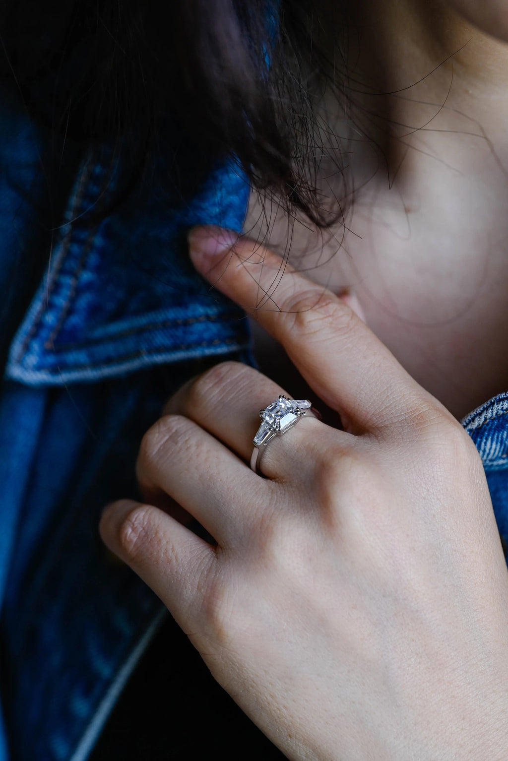 Solid Gold Asscher Cut Moissanite Engagement Ring, Three Stone Ring