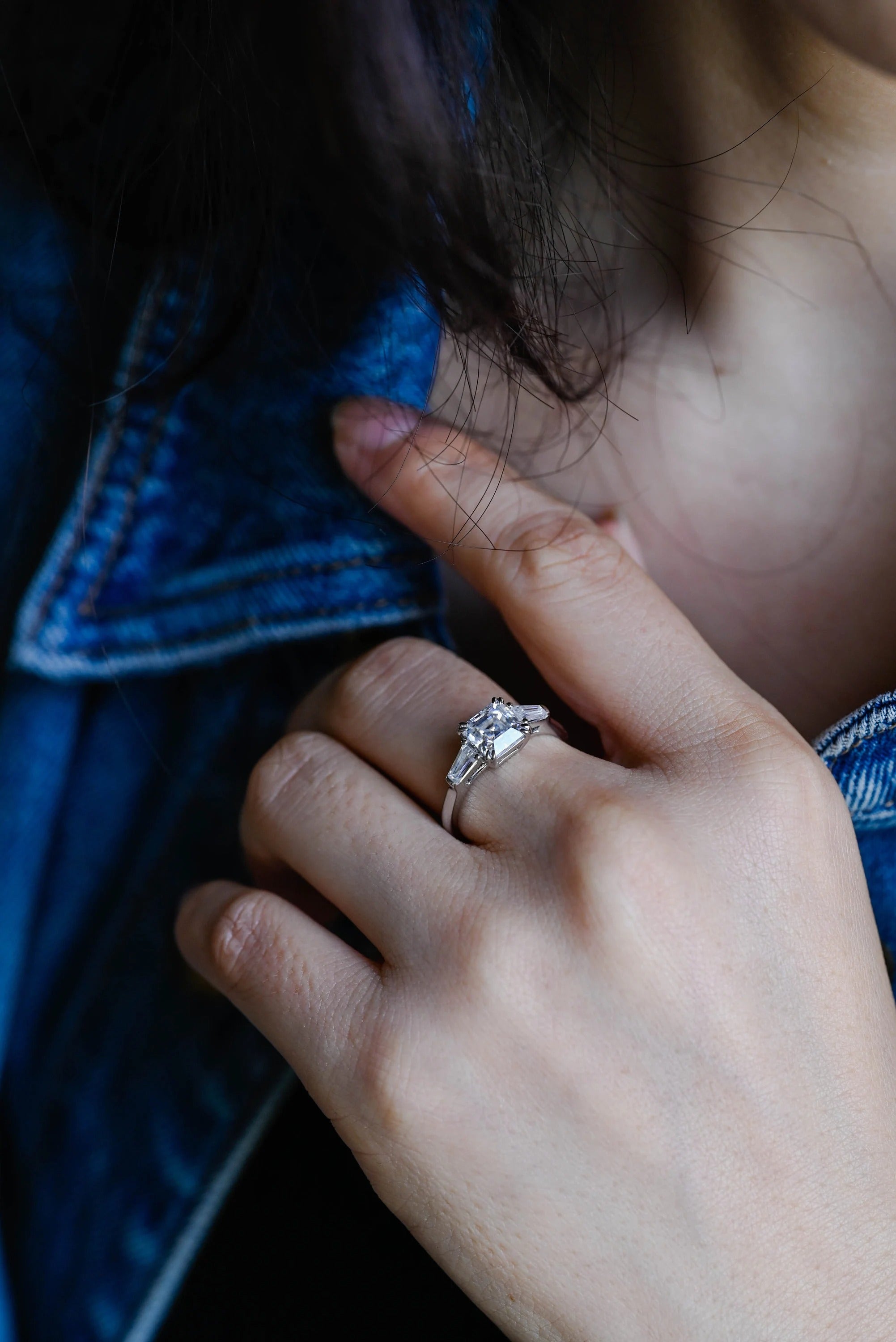 Solid Gold Asscher Cut Moissanite Engagement Ring, Three Stone Ring