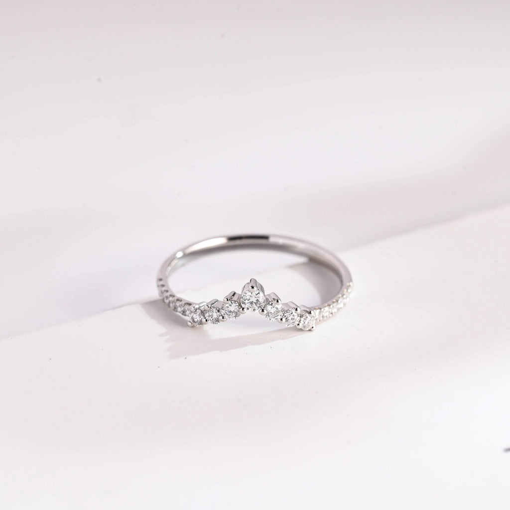 Moissanite Crown Ring, Solid Gold Stacking Ring, Dainty Wedding Band,