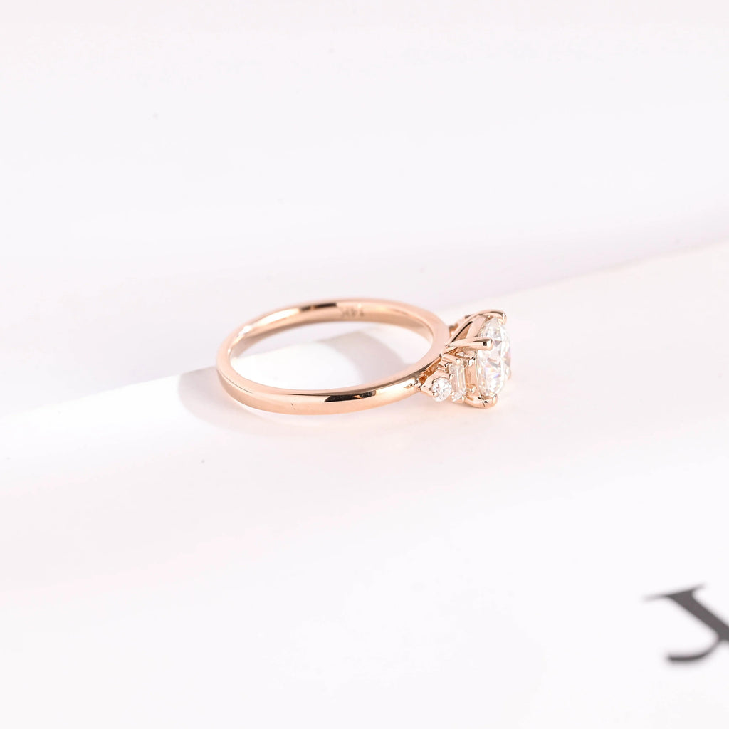 Solid Gold Cushion Cut Moissanite Engagement Ring with Side Stone, Promise Ring