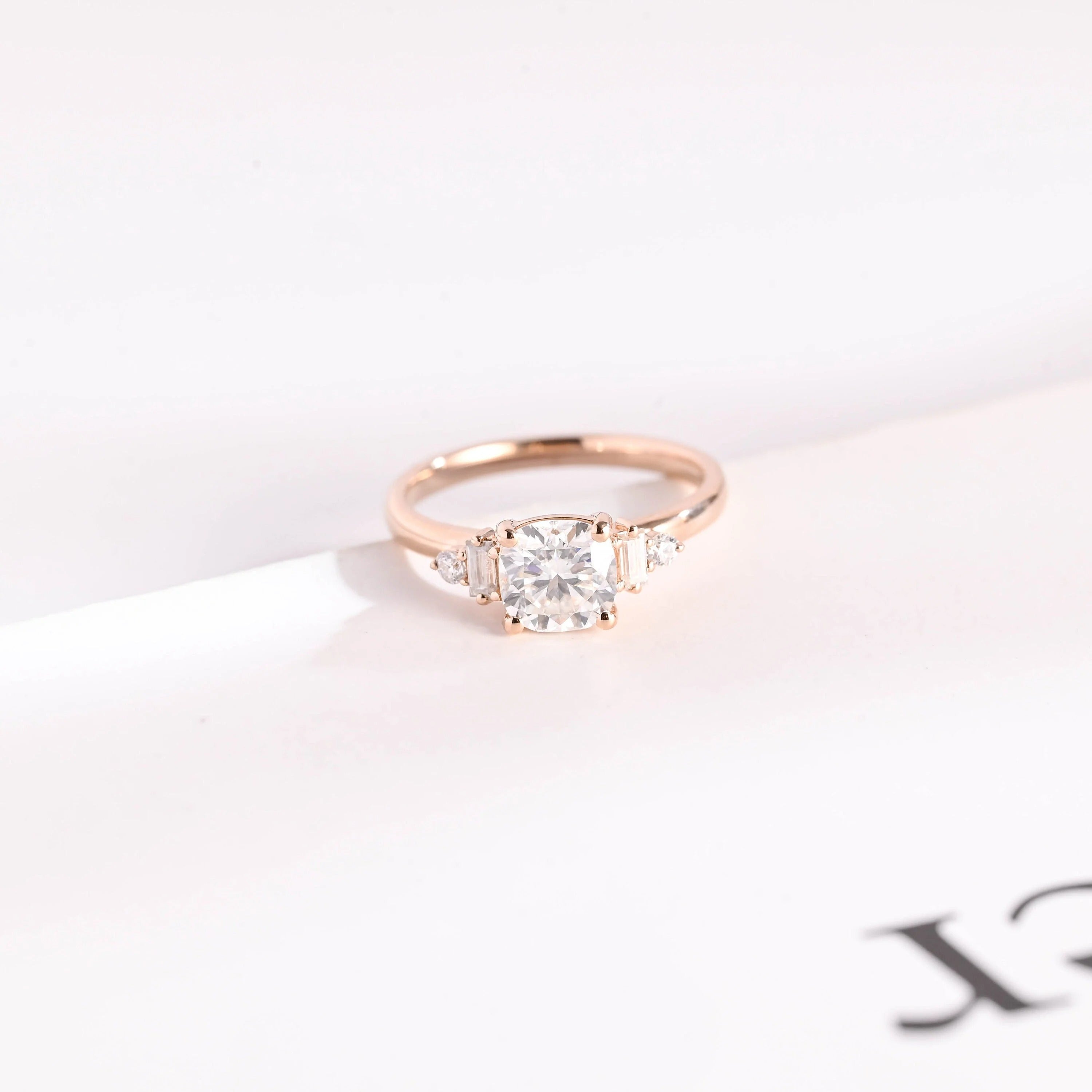 Solid Gold Cushion Cut Moissanite Engagement Ring with Side Stone, Promise Ring Main image