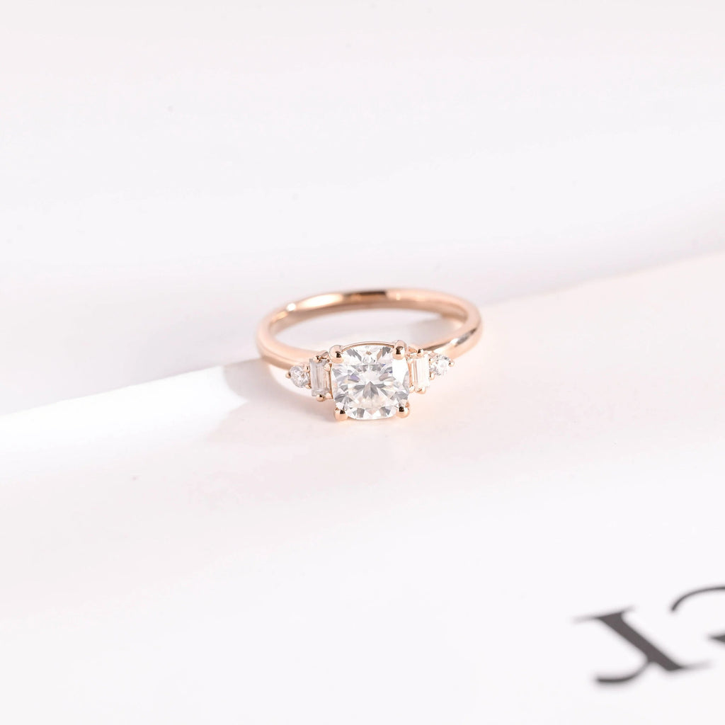 Solid Gold Cushion Cut Moissanite Engagement Ring with Side Stone, Promise Ring