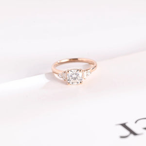 Solid Gold Cushion Cut Moissanite Engagement Ring with Side Stone, Promise Ring