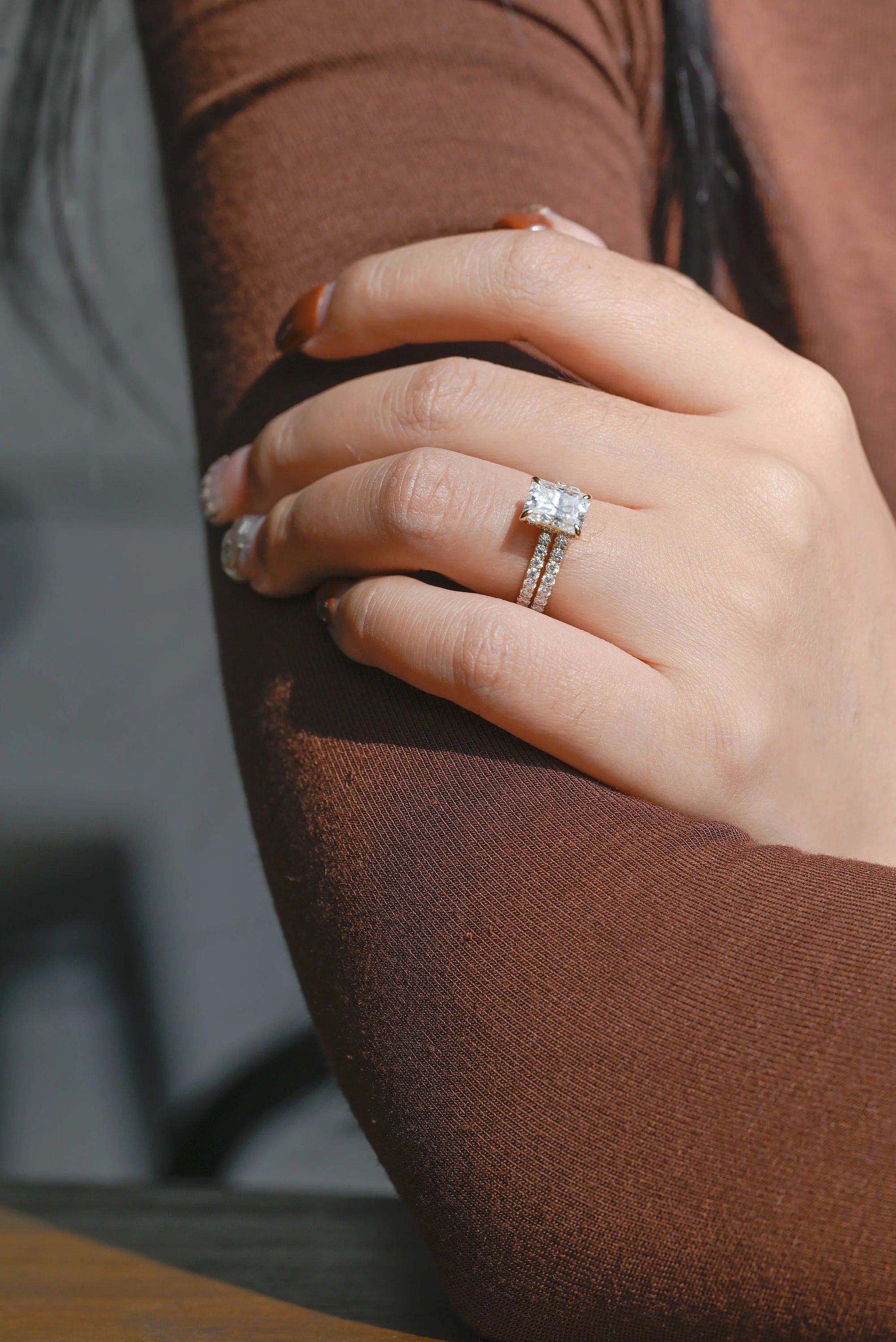 Solid Gold Radiant Cut Moissanite Engagement Ring and Wedding Band Set, Bridal Set