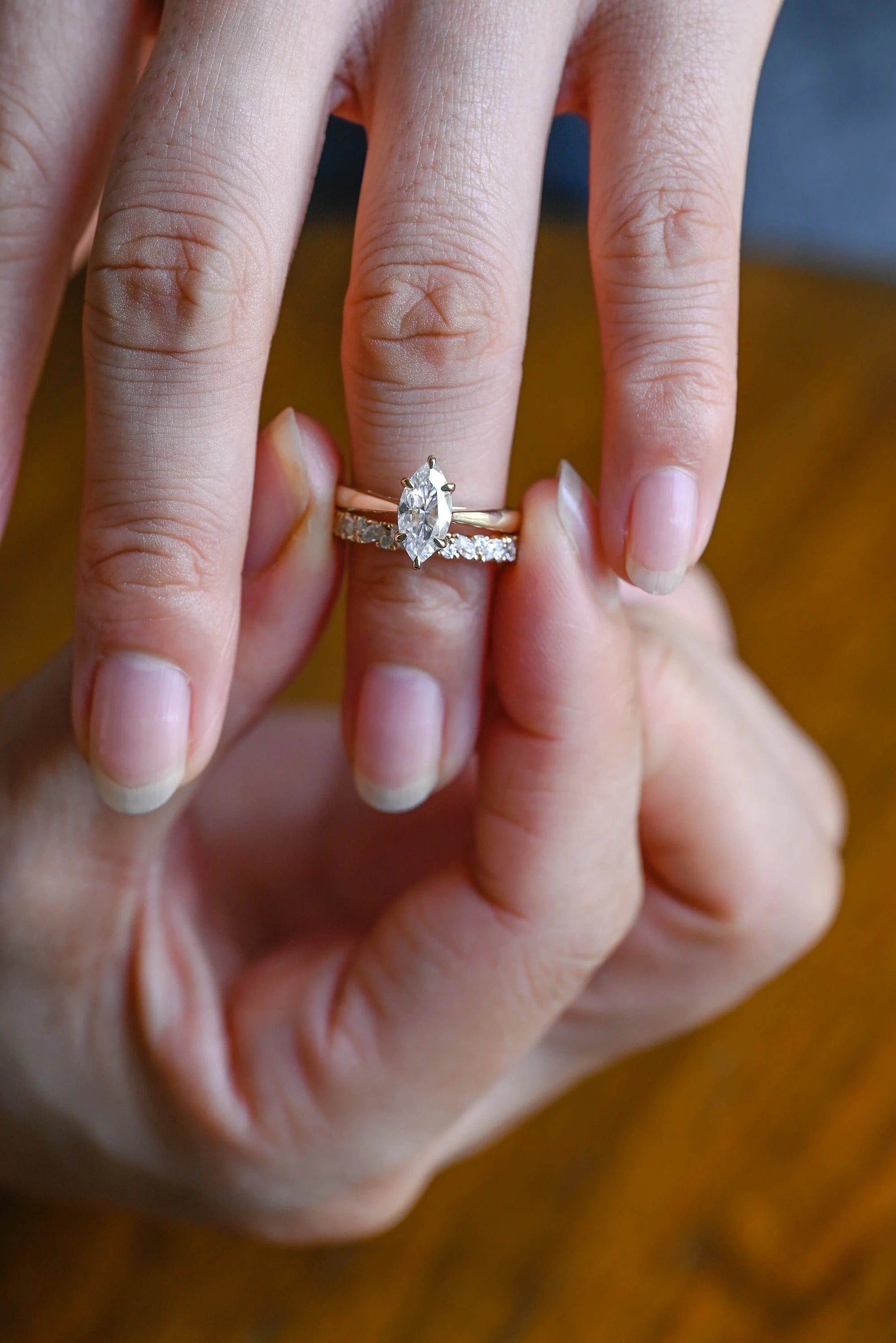 Solid Gold Marquise Cut Moissanite Wedding Band Set