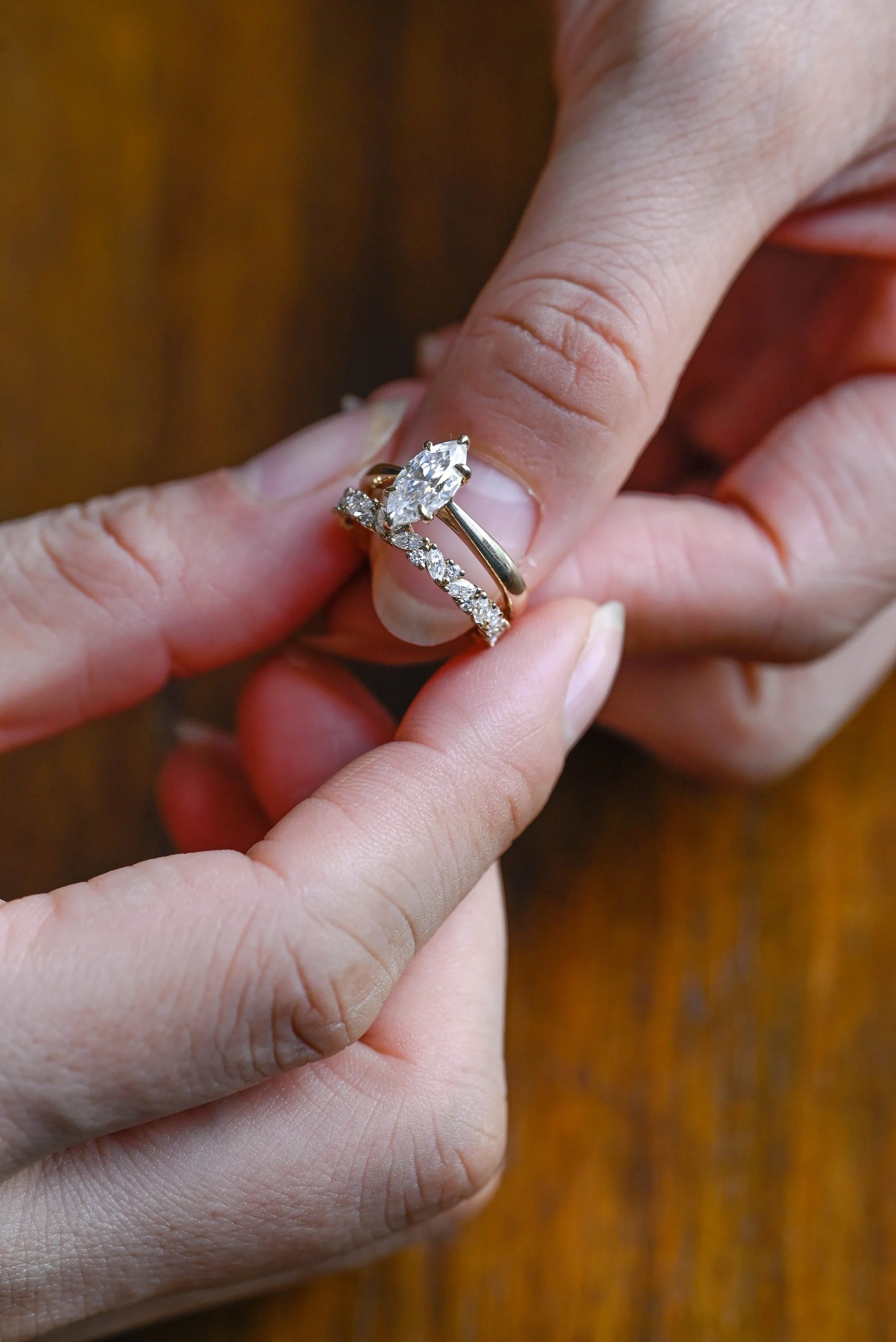 Solid Gold Marquise Cut Moissanite Wedding Band Set