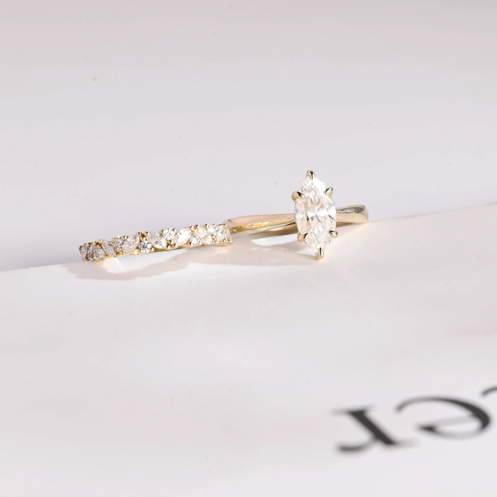 Solid Gold Marquise Cut Moissanite Wedding Band Set