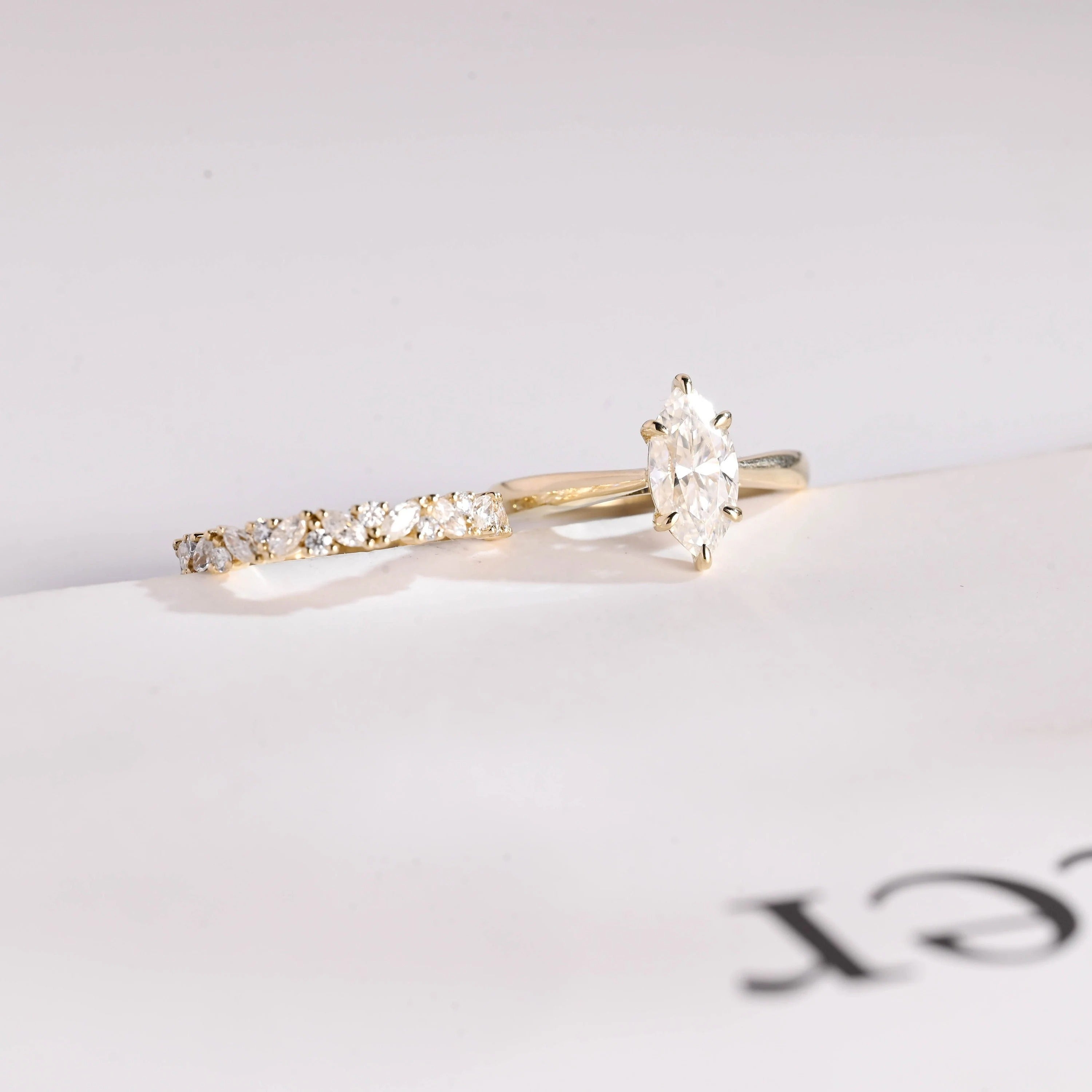 Solid Gold Marquise Cut Moissanite Wedding Band Set