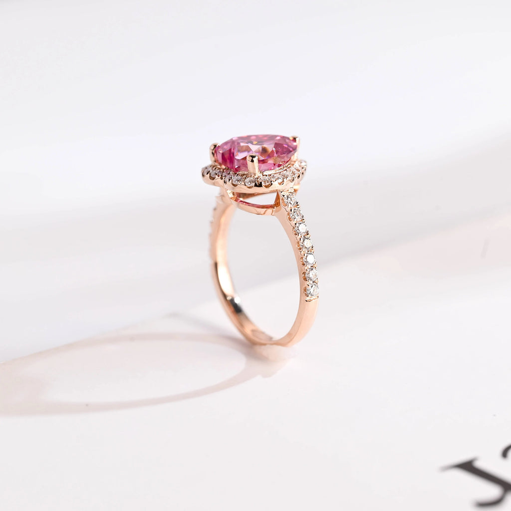 Solid Gold Heart Cut Pink Moissanite Sapphire Engagement Ring