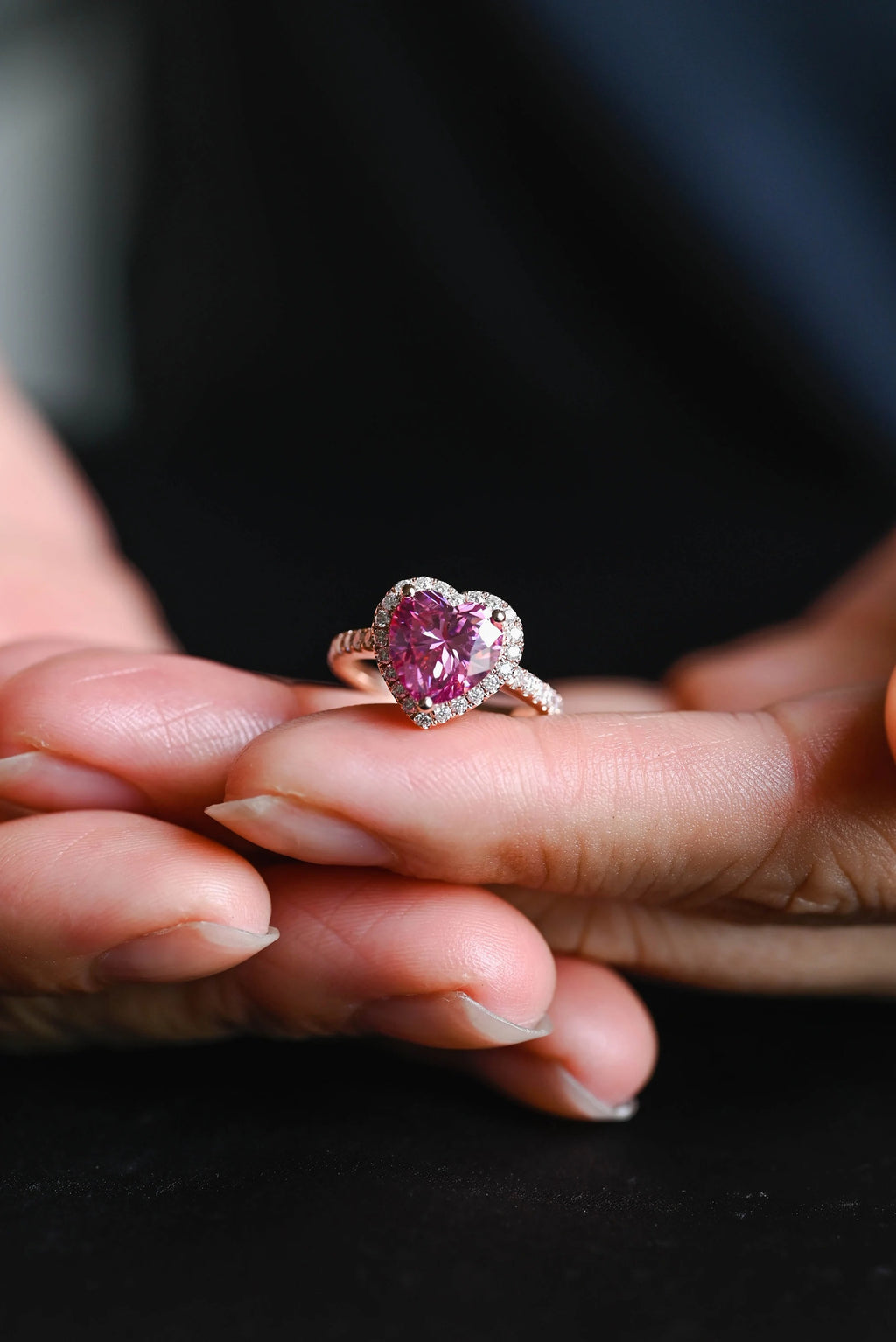 Solid Gold Heart Cut Pink Moissanite Sapphire Engagement Ring
