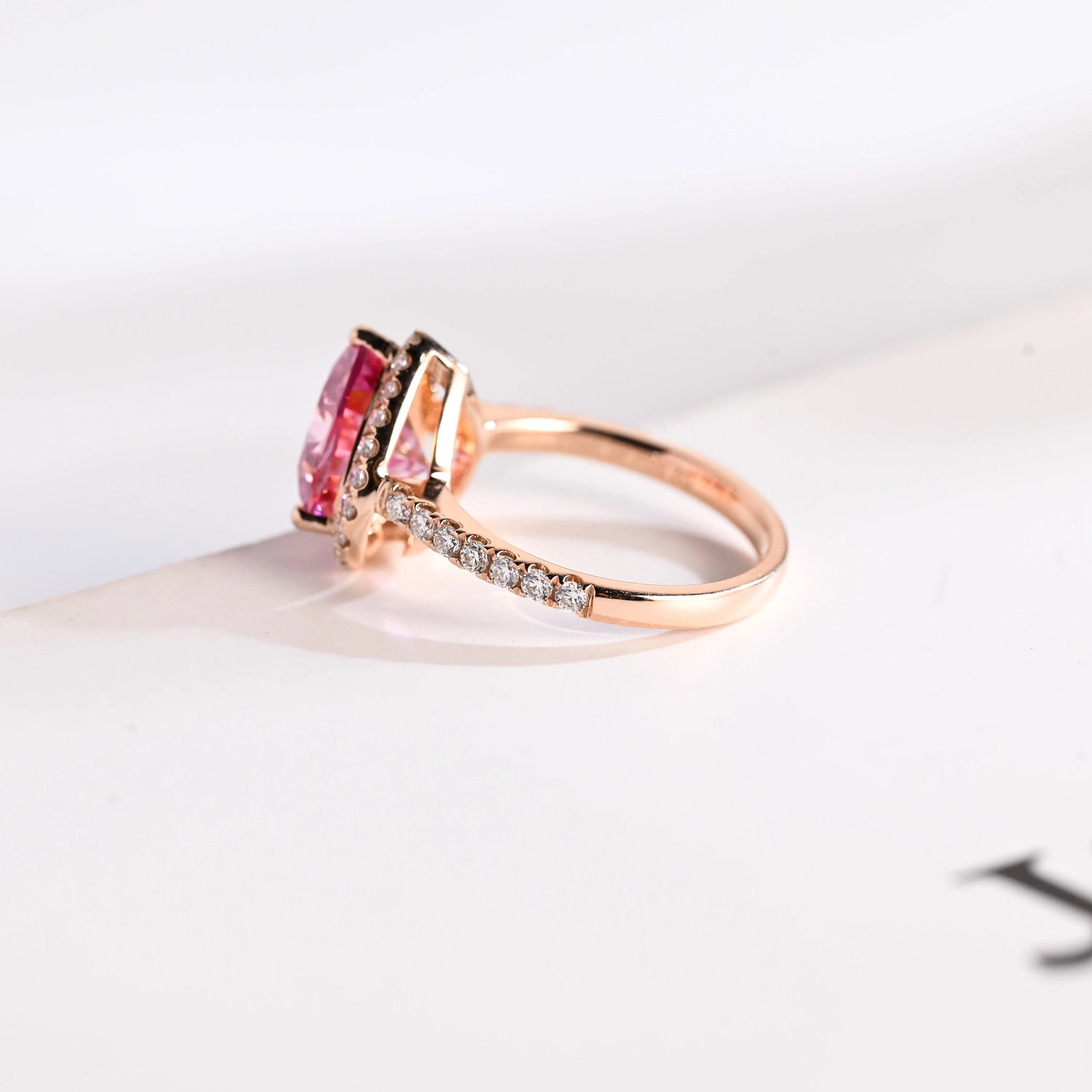 Solid Gold Heart Cut Pink Moissanite Sapphire Engagement Ring