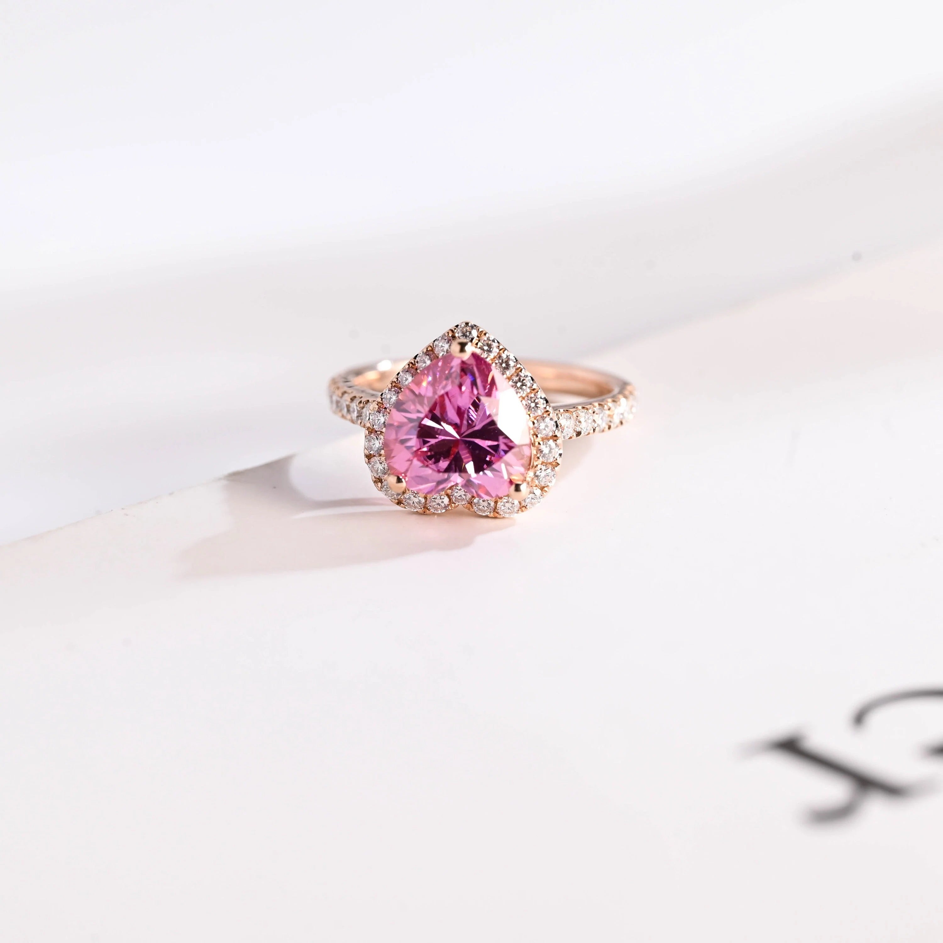 Solid Gold Heart Cut Pink Moissanite Sapphire Engagement Ring Main image