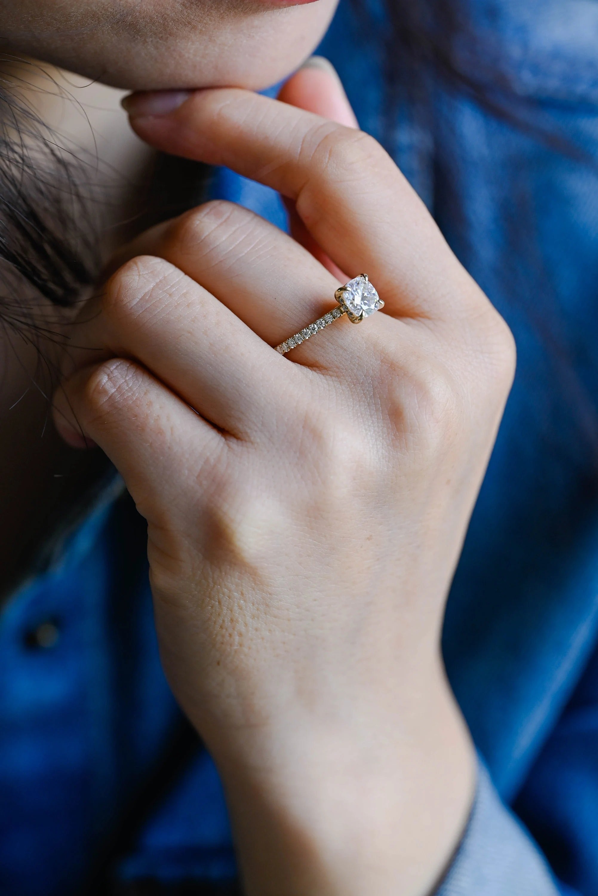 Solid Gold Cushion Cut Moissanite Engagement Ring, Anniversary Gift