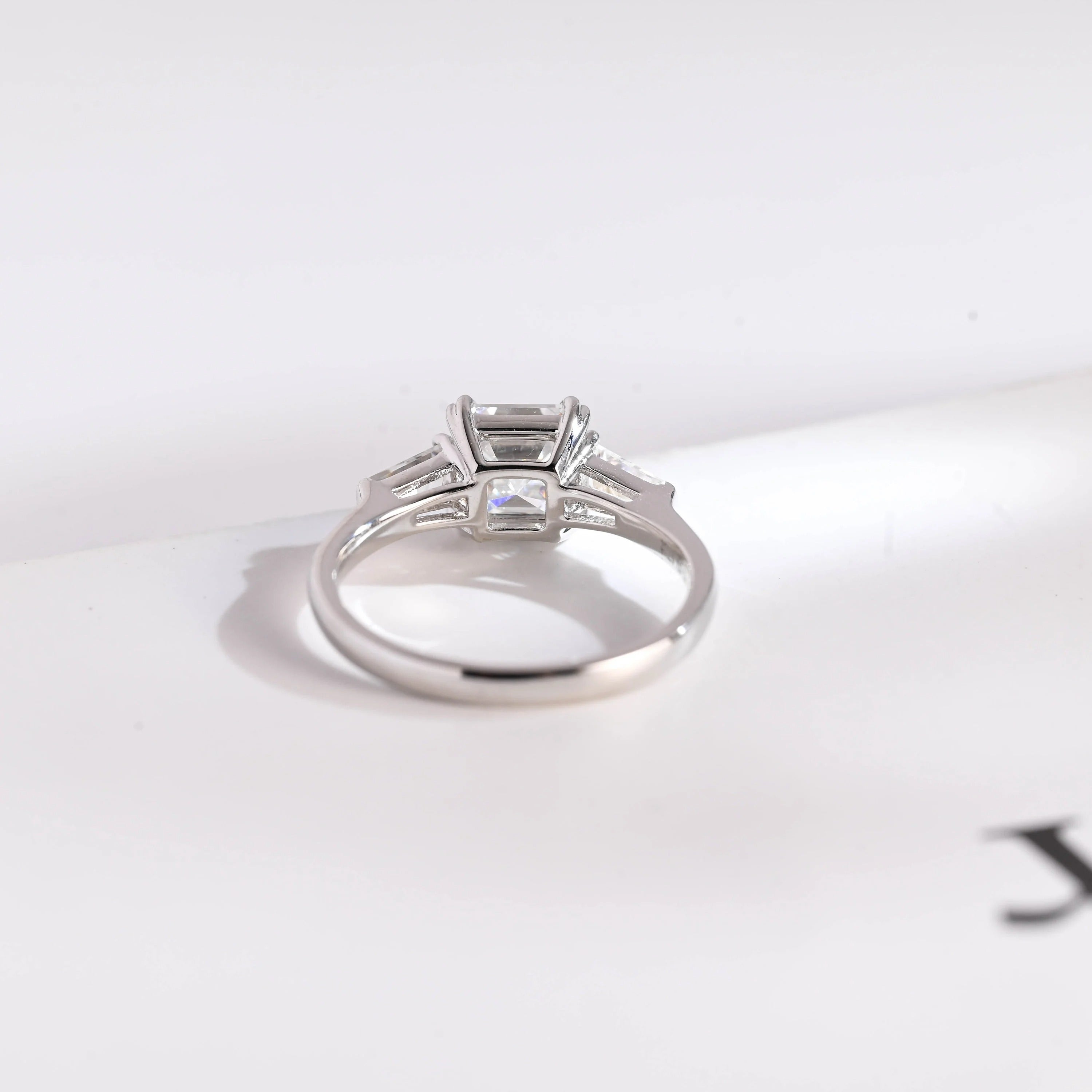 Solid Gold Asscher Cut Moissanite Engagement Ring, Three Stone Ring