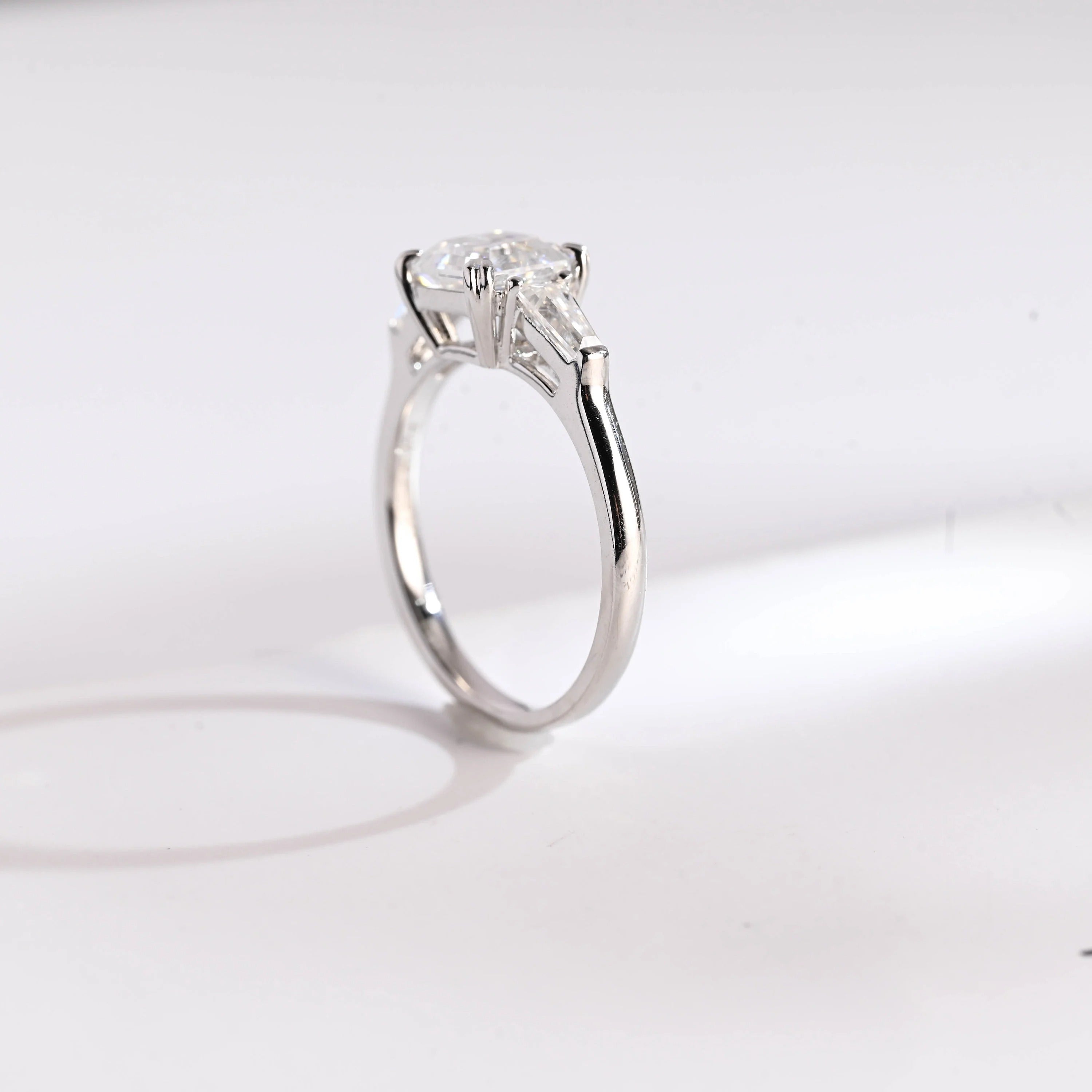 Solid Gold Asscher Cut Moissanite Engagement Ring, Three Stone Ring