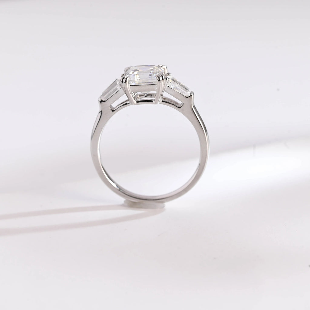 Solid Gold Asscher Cut Moissanite Engagement Ring, Three Stone Ring