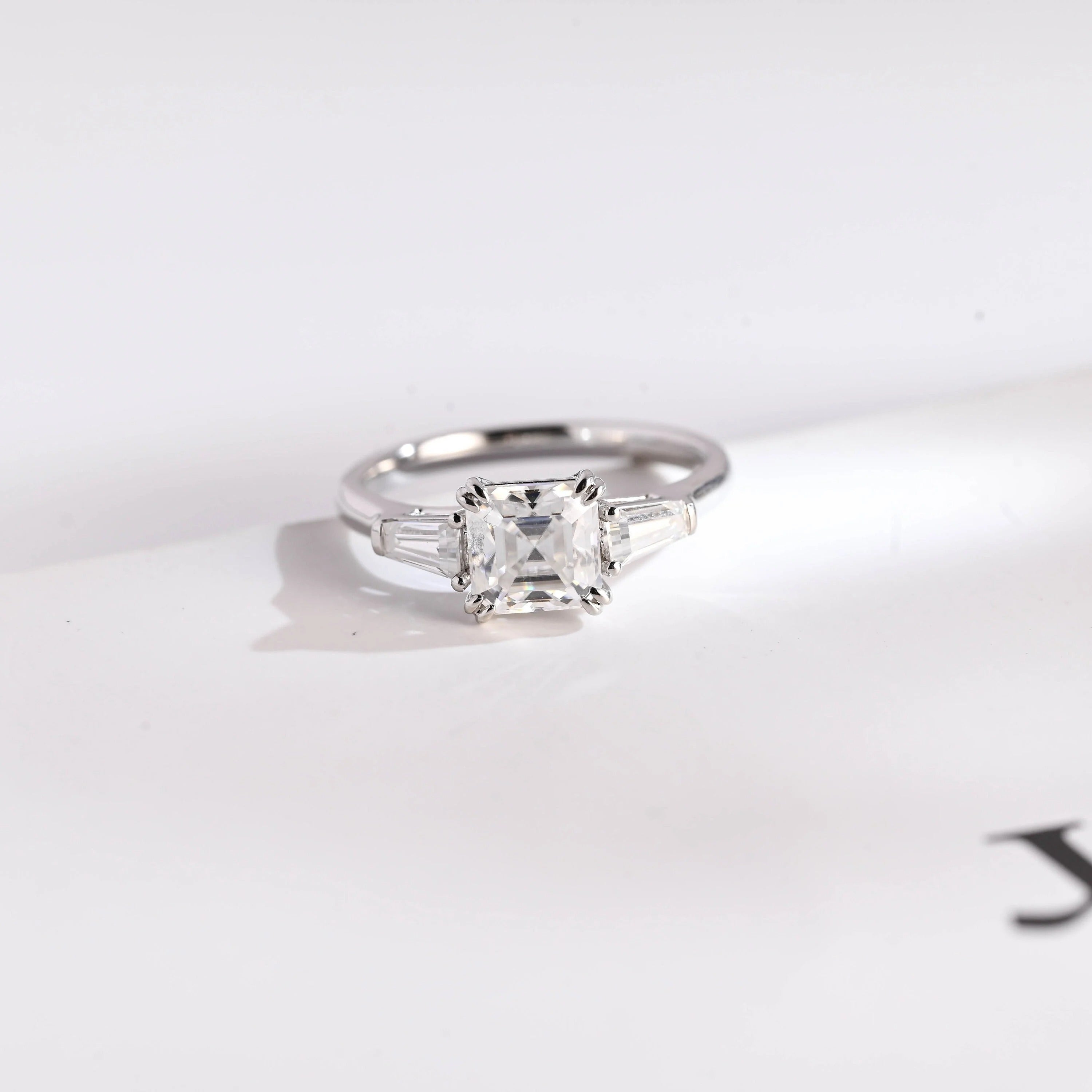 Solid Gold Asscher Cut Moissanite Engagement Ring, Three Stone Ring Main image
