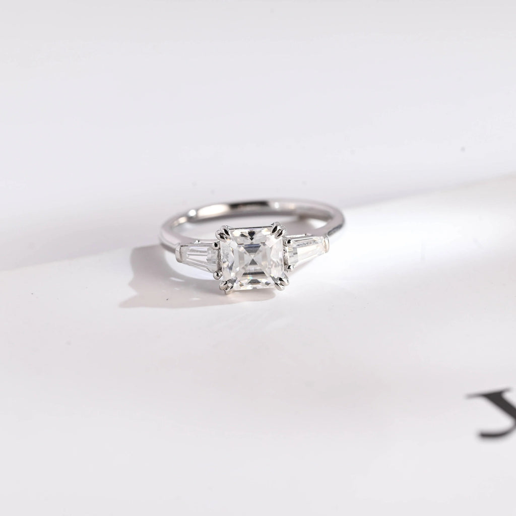 Solid Gold Asscher Cut Moissanite Engagement Ring, Three Stone Ring