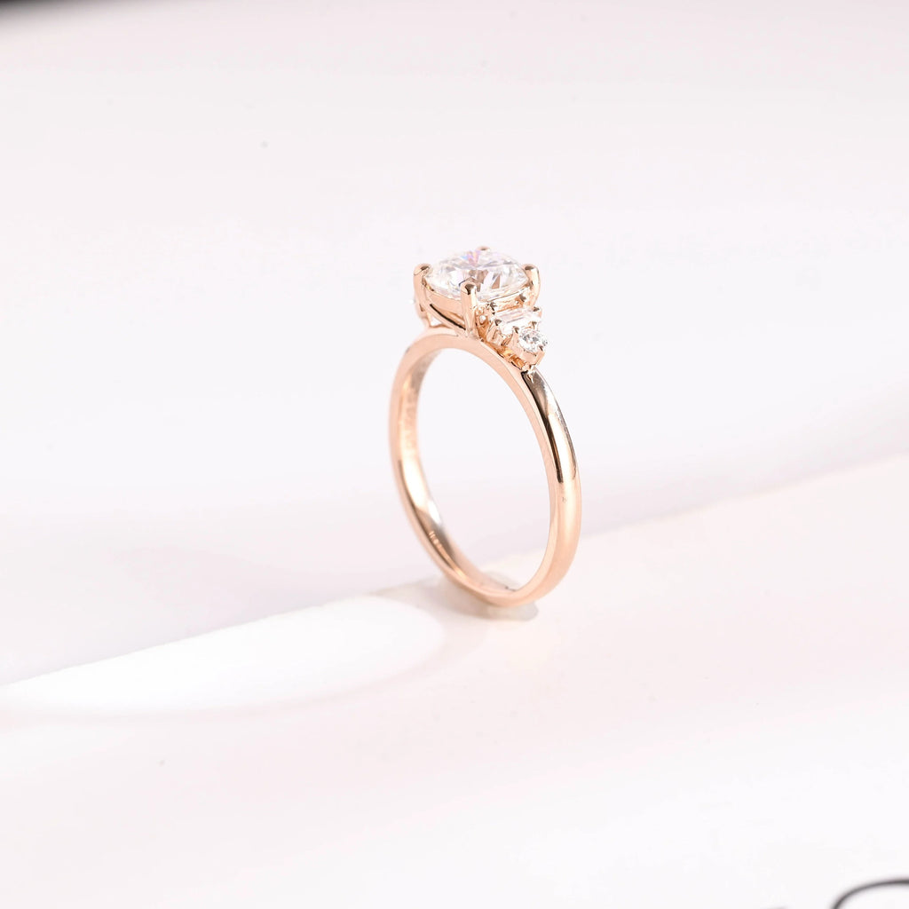 Solid Gold Cushion Cut Moissanite Engagement Ring with Side Stone, Promise Ring