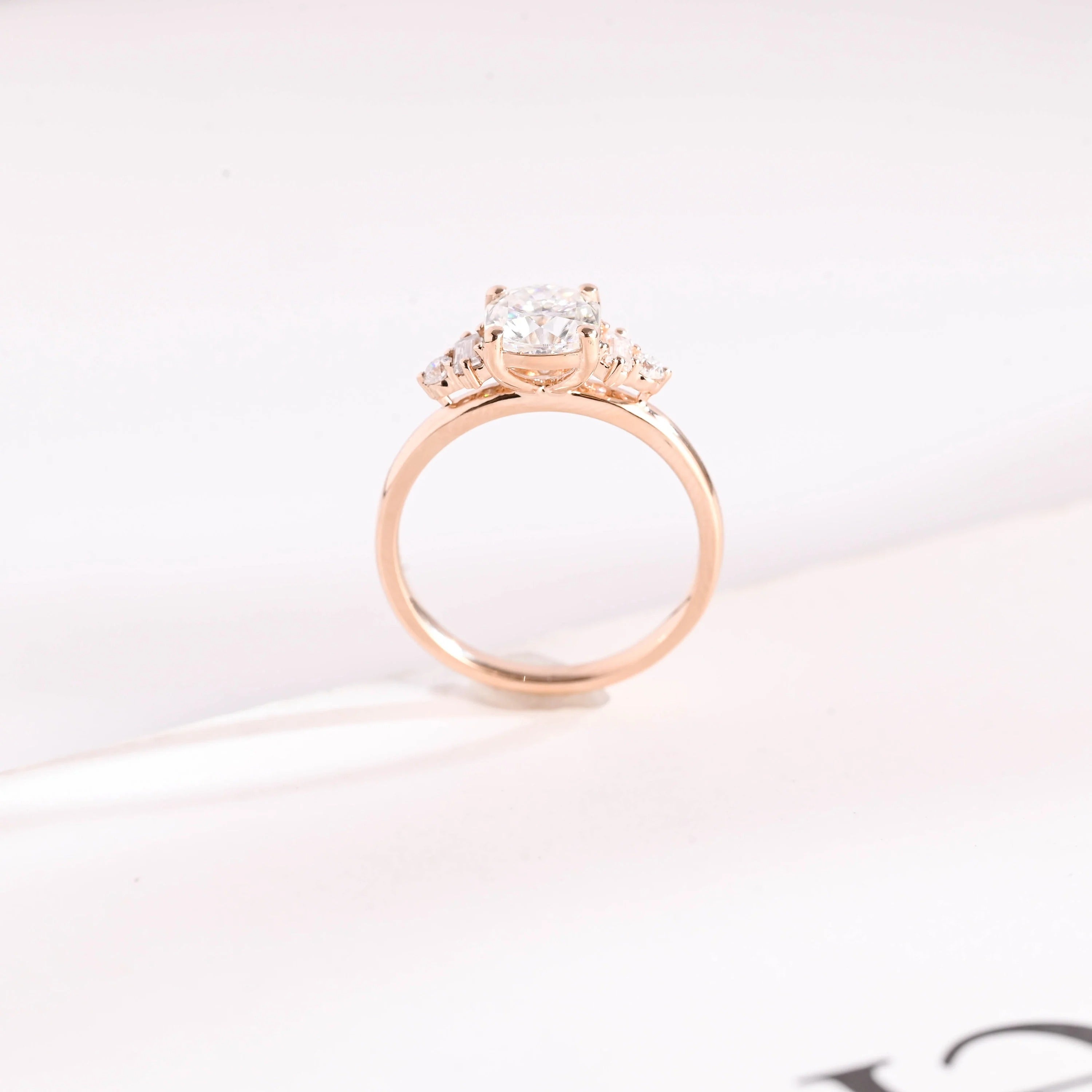 Solid Gold Cushion Cut Moissanite Engagement Ring with Side Stone, Promise Ring