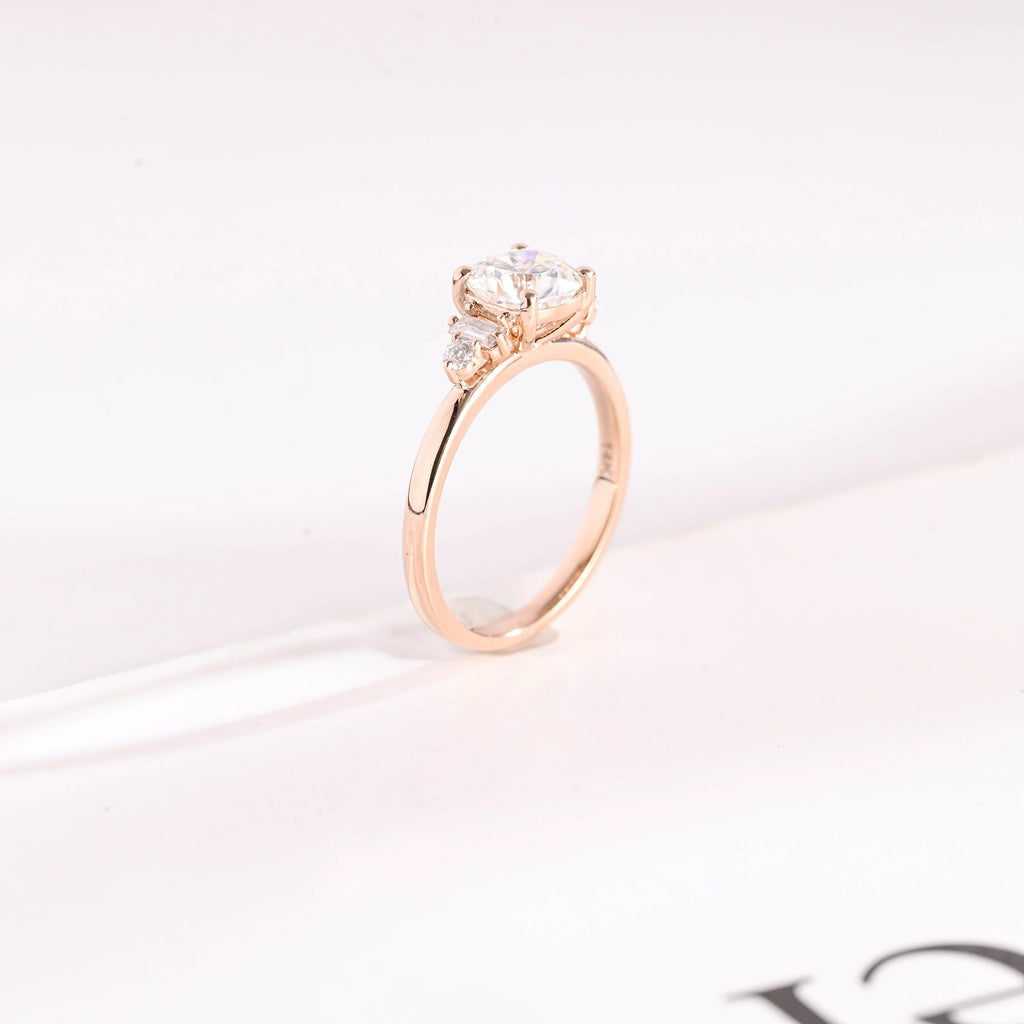 Solid Gold Cushion Cut Moissanite Engagement Ring with Side Stone, Promise Ring