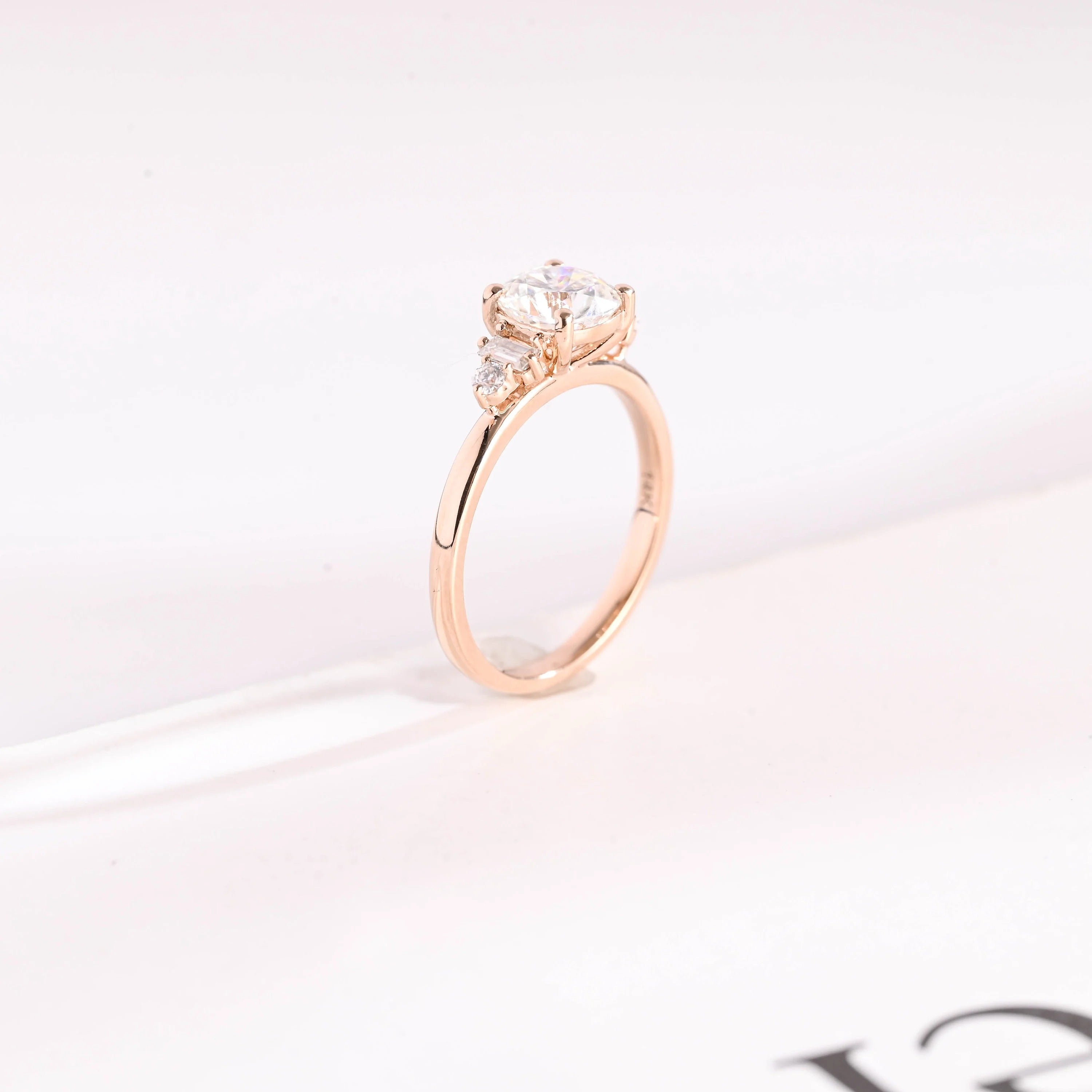 Solid Gold Cushion Cut Moissanite Engagement Ring with Side Stone, Promise Ring