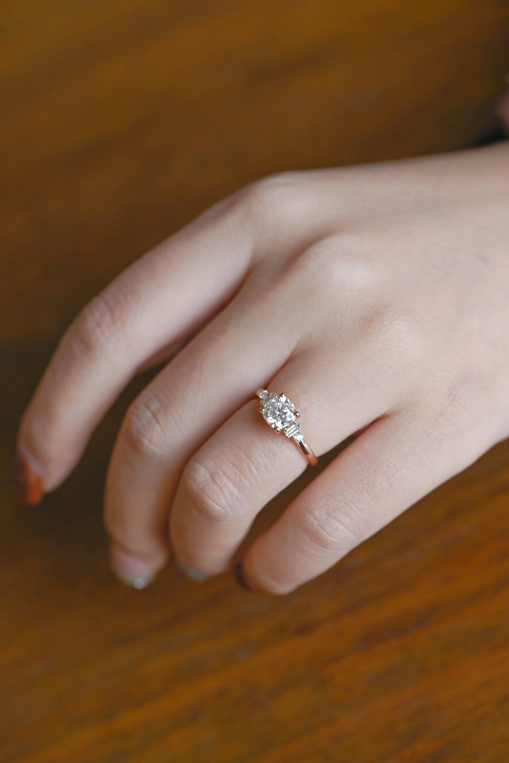Solid Gold Cushion Cut Moissanite Engagement Ring with Side Stone, Promise Ring