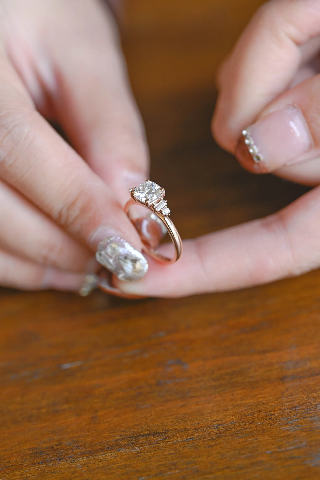 Solid Gold Cushion Cut Moissanite Engagement Ring with Side Stone, Promise Ring