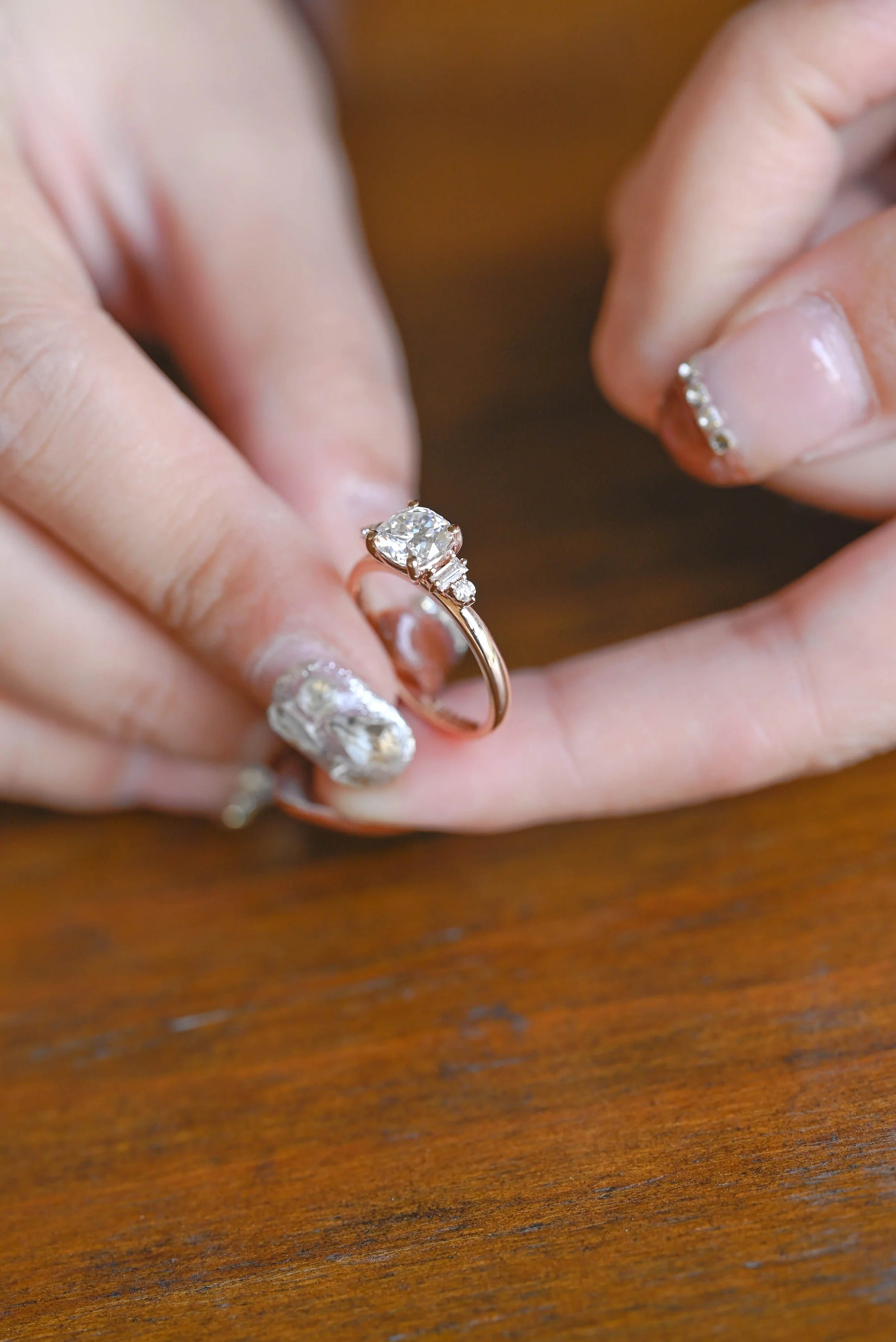 Solid Gold Cushion Cut Moissanite Engagement Ring with Side Stone, Promise Ring