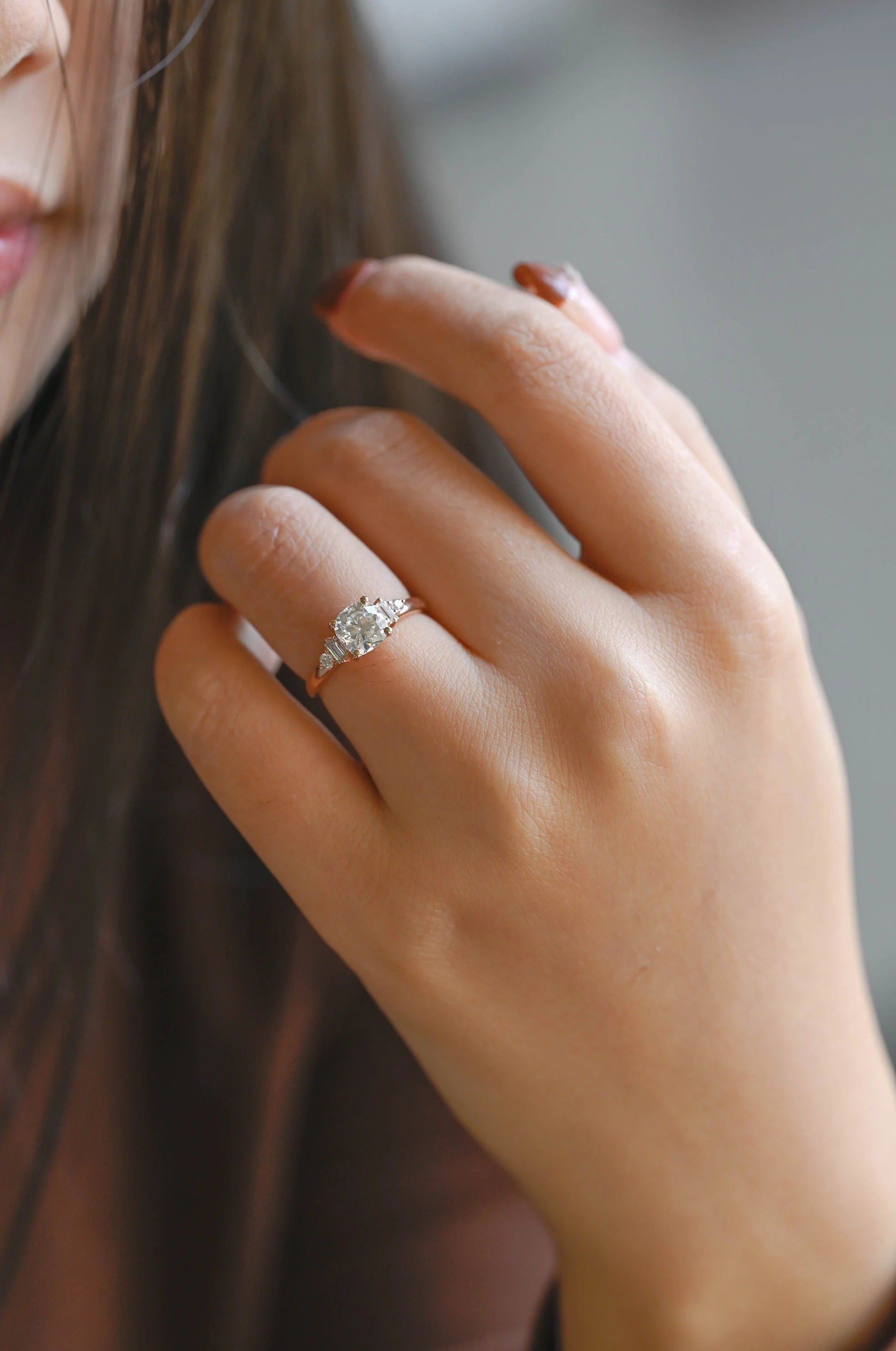 Solid Gold Cushion Cut Moissanite Engagement Ring with Side Stone, Promise Ring