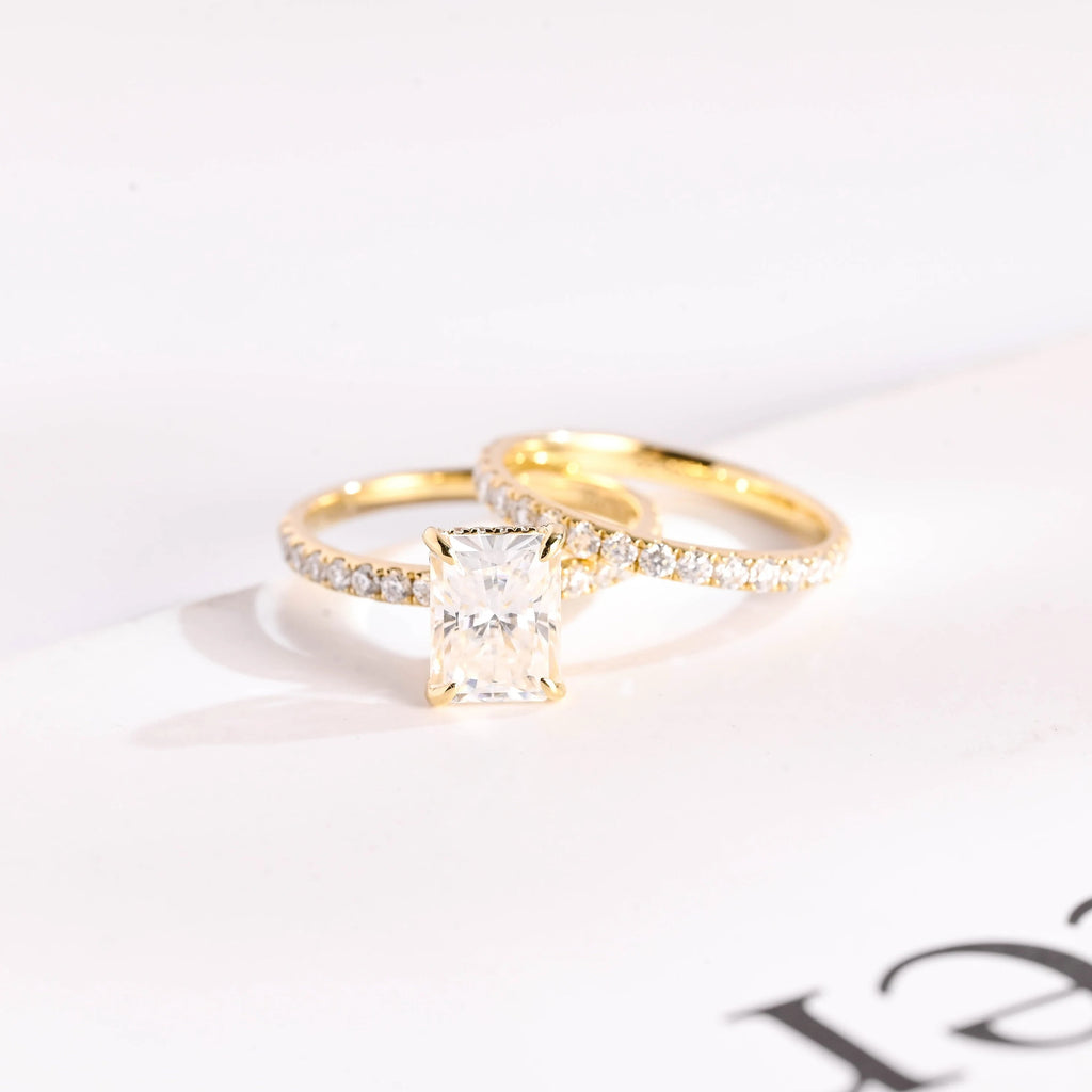 Solid Gold Radiant Cut Moissanite Engagement Ring and Wedding Band Set, Bridal Set