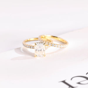 Solid Gold Radiant Cut Moissanite Engagement Ring and Wedding Band Set, Bridal Set
