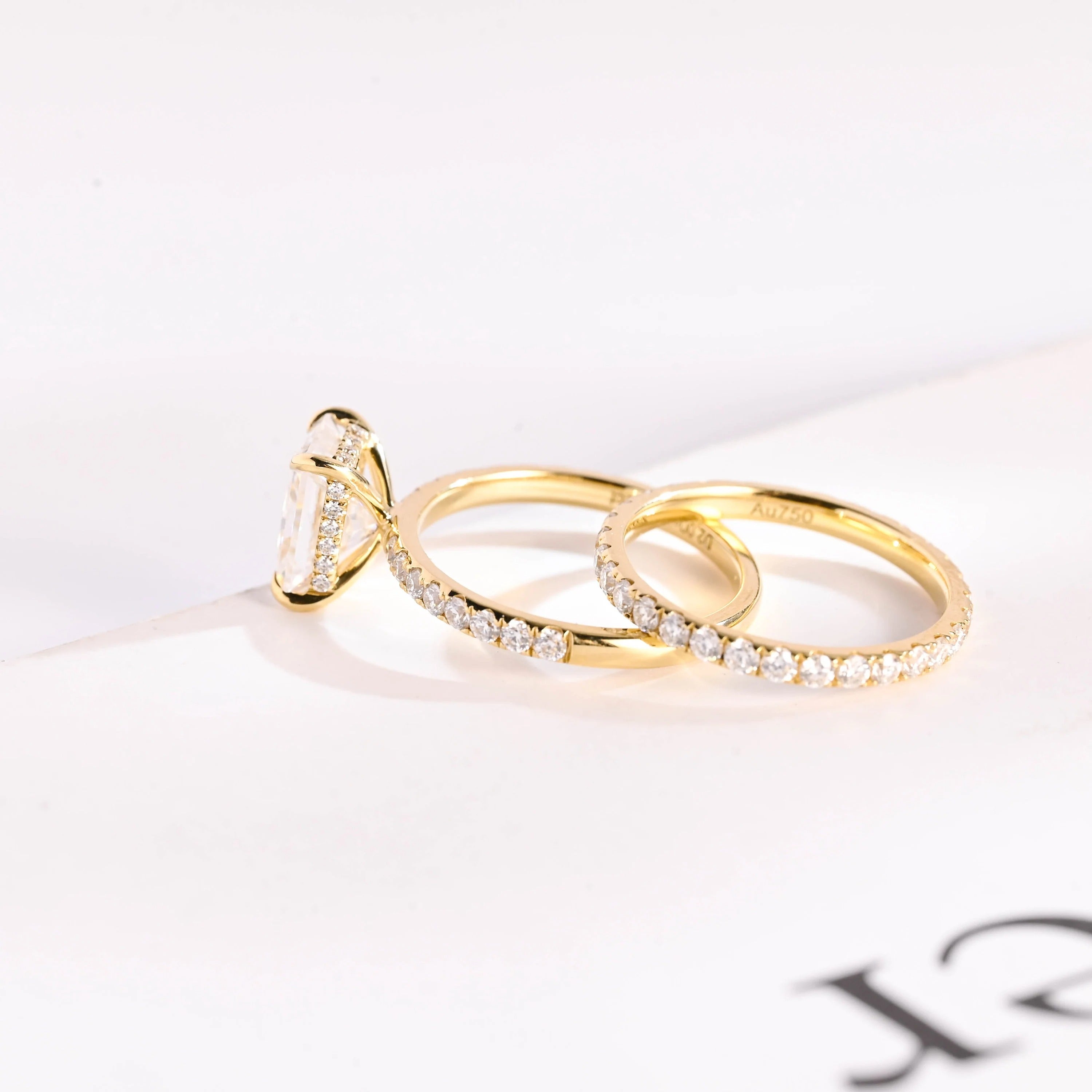Solid Gold Radiant Cut Moissanite Engagement Ring and Wedding Band Set, Bridal Set