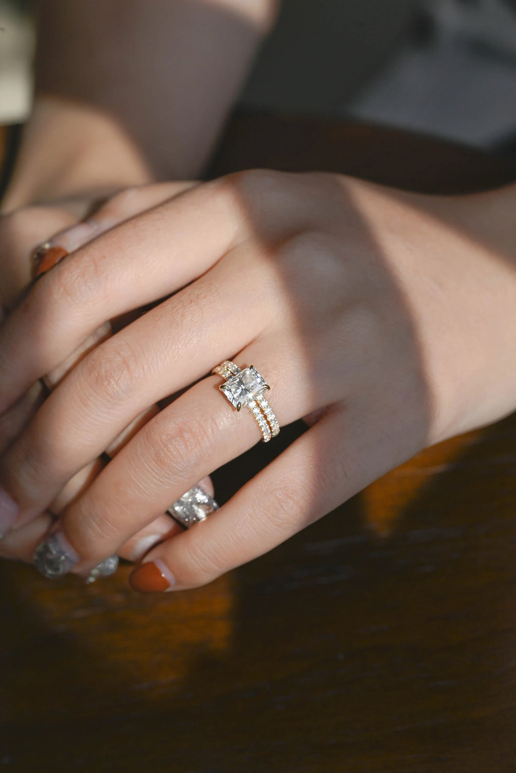 Solid Gold Radiant Cut Moissanite Engagement Ring and Wedding Band Set, Bridal Set