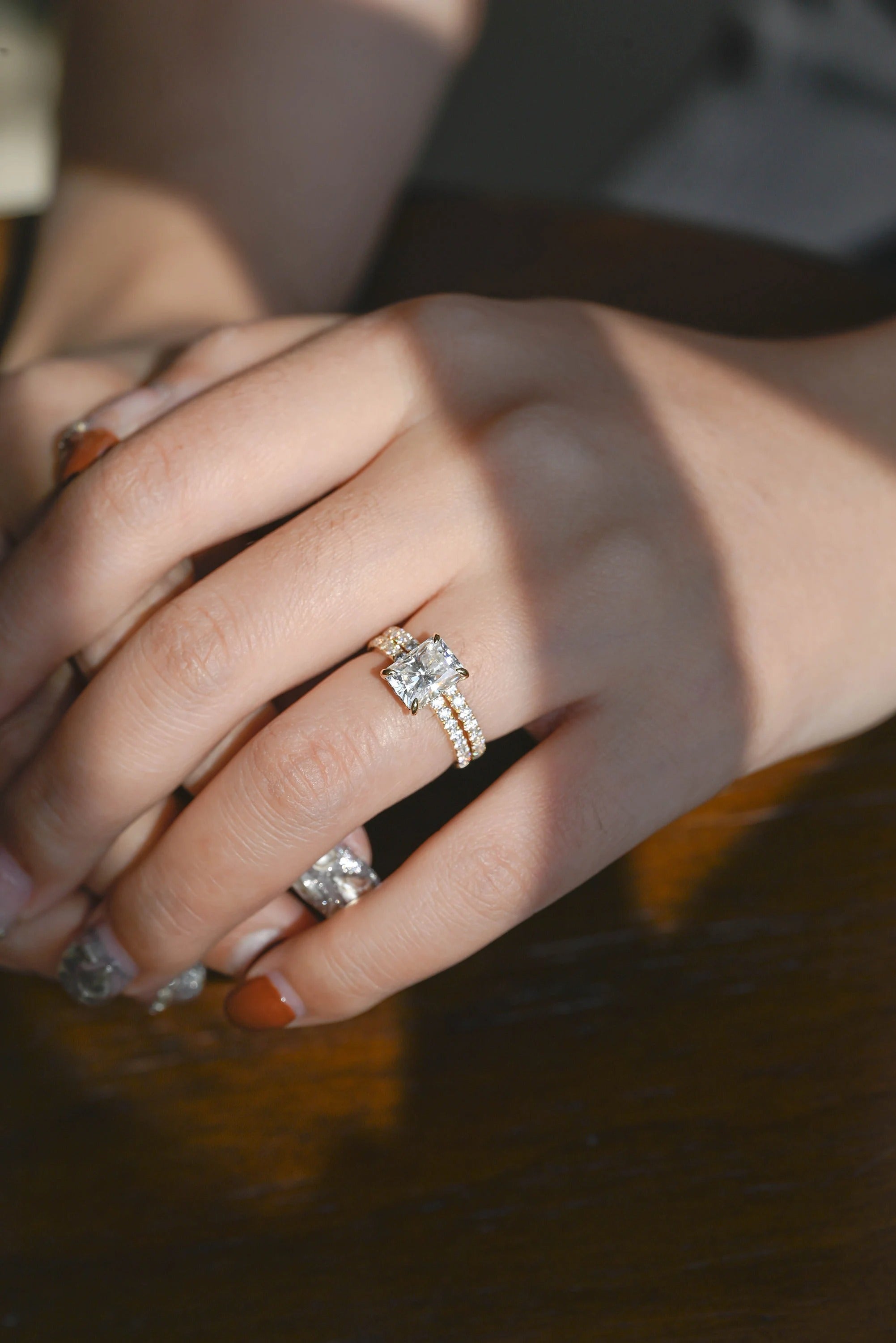 Solid Gold Radiant Cut Moissanite Engagement Ring and Wedding Band Set, Bridal Set