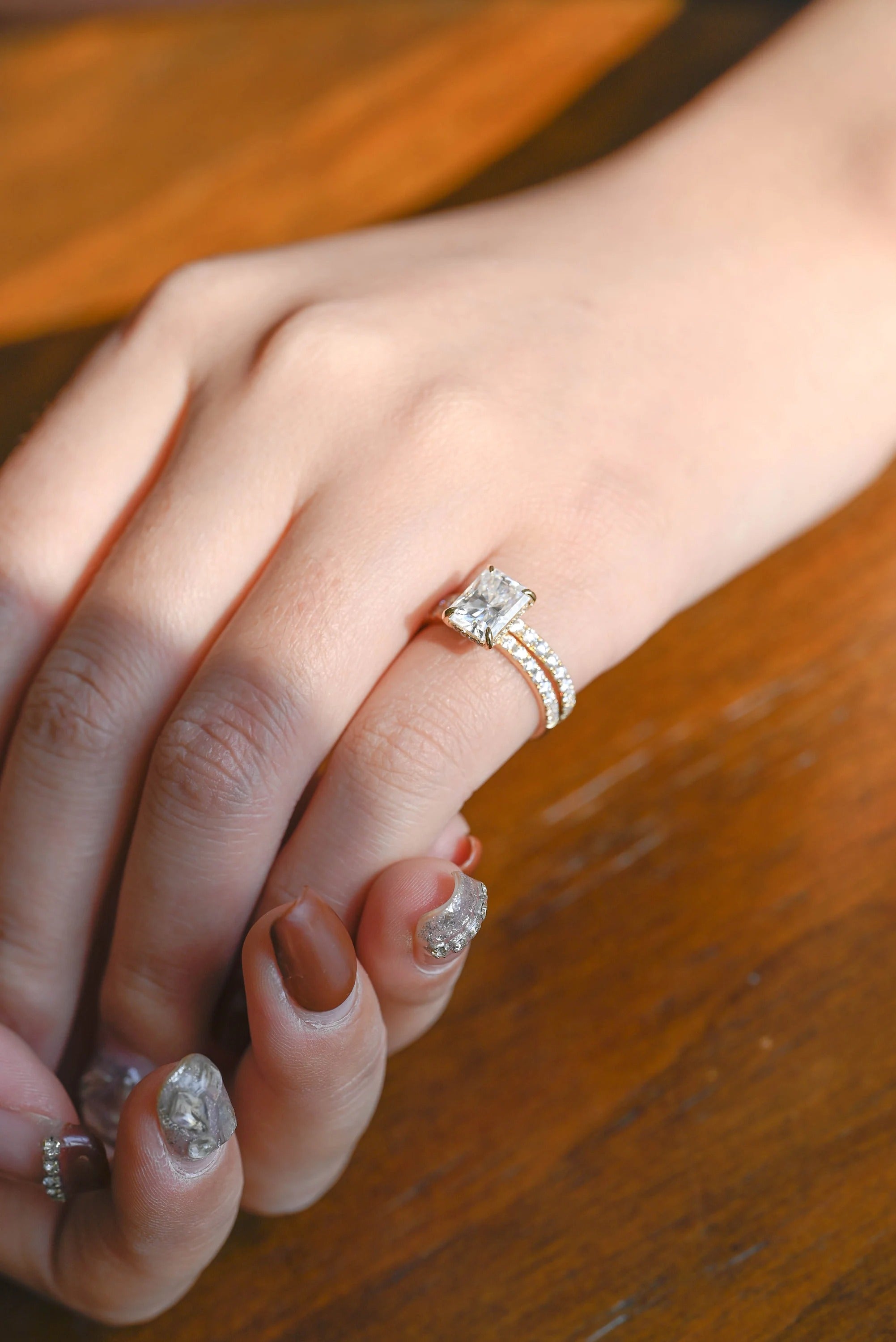 Solid Gold Radiant Cut Moissanite Engagement Ring and Wedding Band Set, Bridal Set