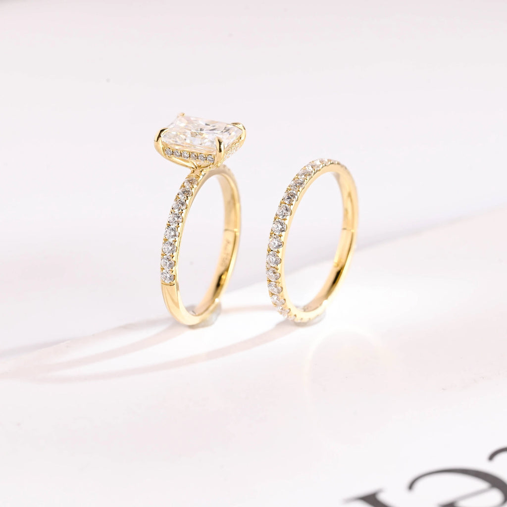 Solid Gold Radiant Cut Moissanite Engagement Ring and Wedding Band Set, Bridal Set