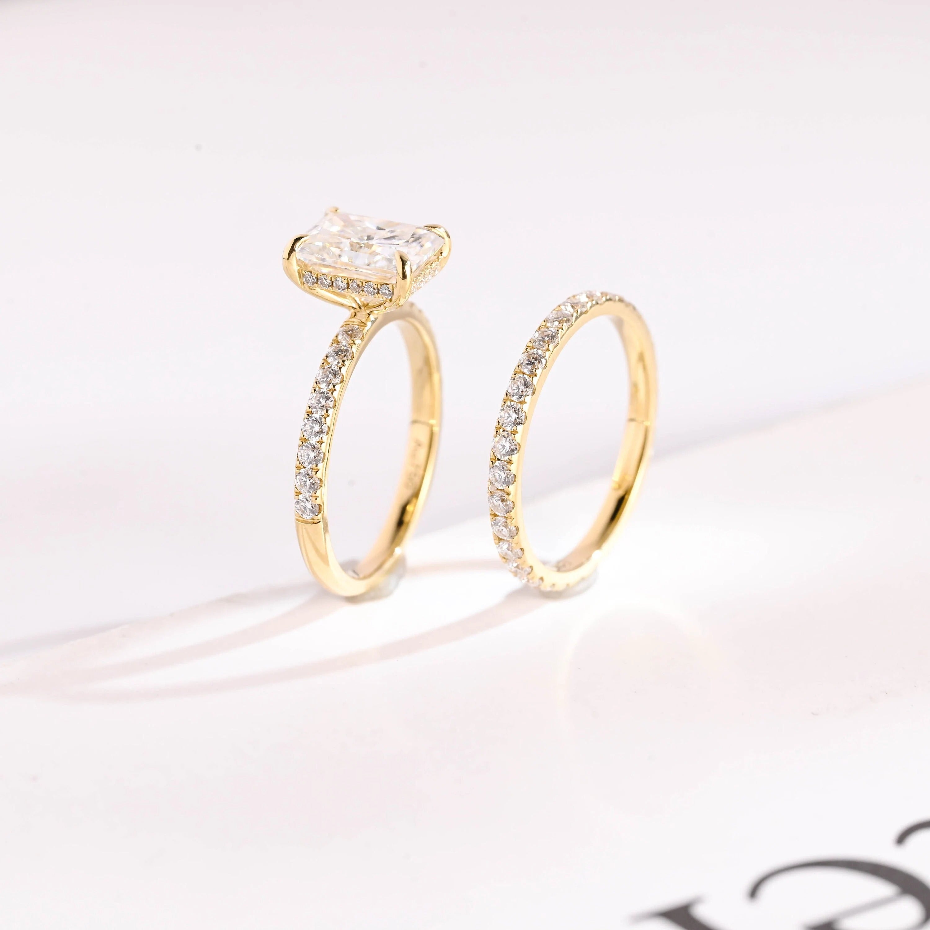 Solid Gold Radiant Cut Moissanite Engagement Ring and Wedding Band Set, Bridal Set