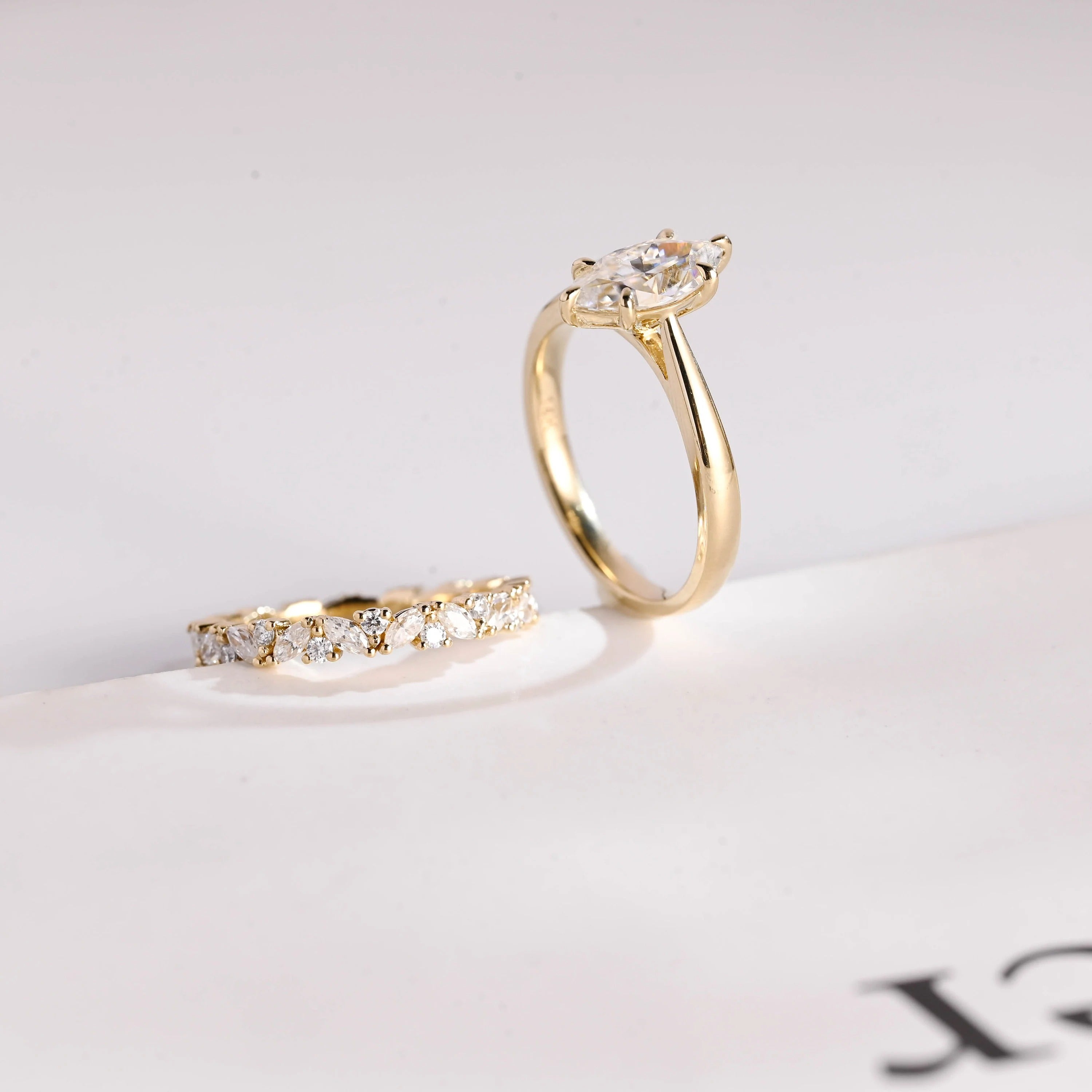 Solid Gold Marquise Cut Moissanite Wedding Band Set